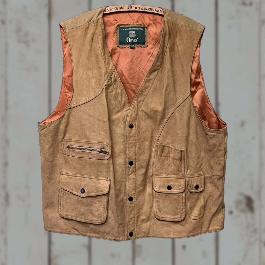 Orvis VINTAGE Orvis Suede Leather Vest Tan Short Snap Vest Pockets Men Sz Large Regular Fit Size US L / EU 52-54 / 3 - 1 Thumbnail