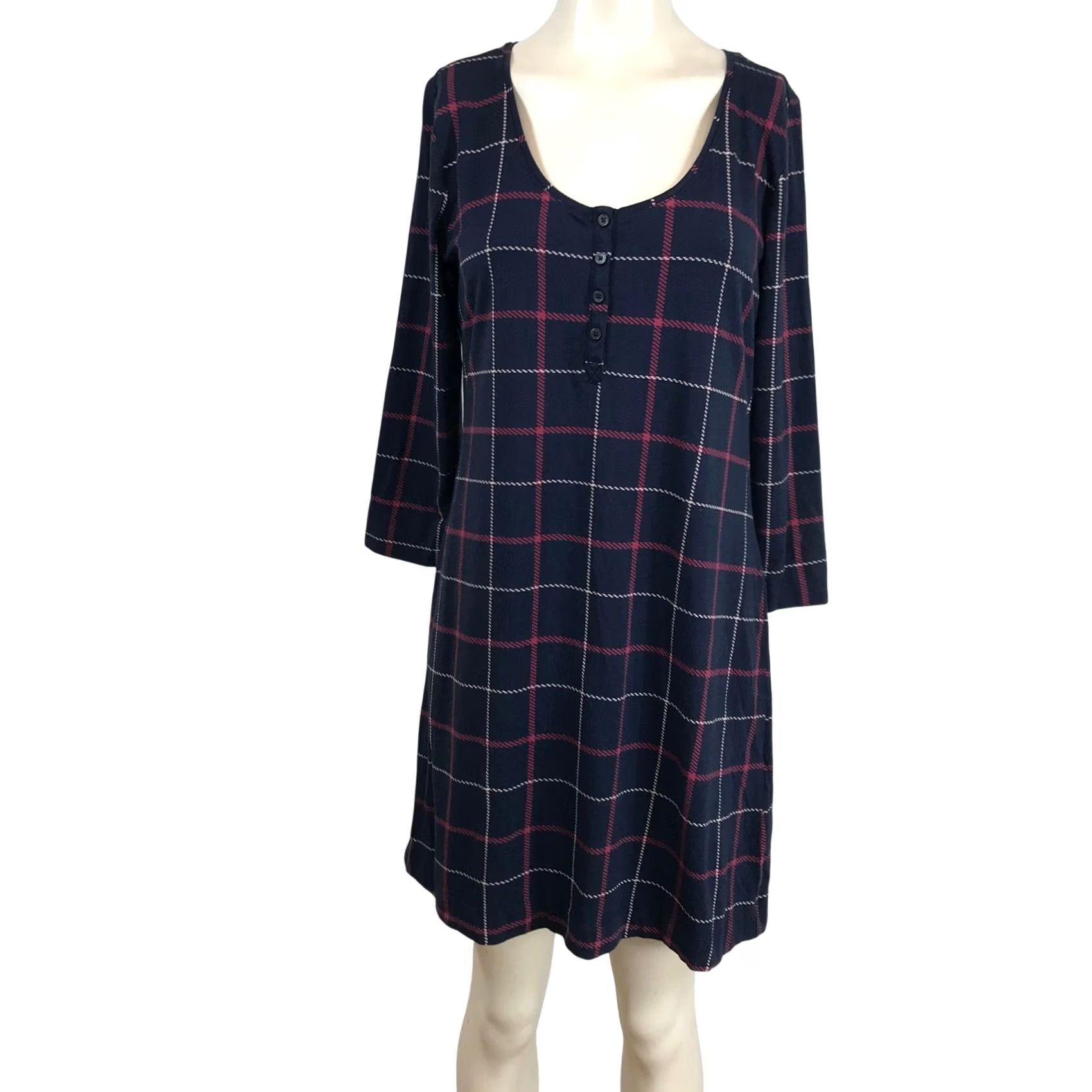 Vintage Soma Womens Henley Sleep Dress 3/4 Sleeve Plaid Navy Blue Red Windowpane Knit Cotton Blend M/L? Size S / US 4 / IT 40 - 2 Thumbnail