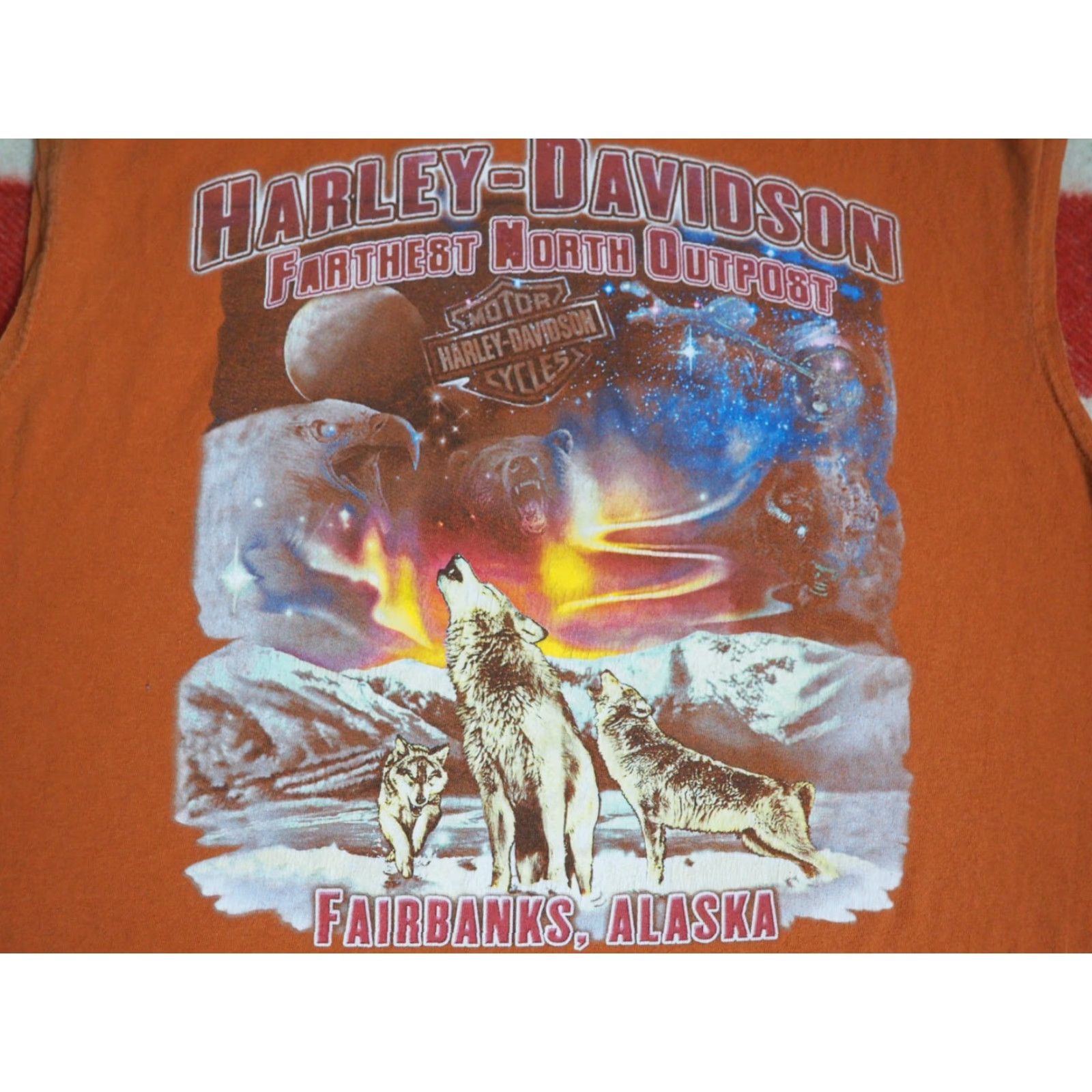 Harley Davidson VINTAGE Harley-Davidson Fairbanks Alaska Orange Biker Logo Wolf Tee Tank Top T-Shirt XL Size US XL / EU 56 / 4 - 7 Thumbnail