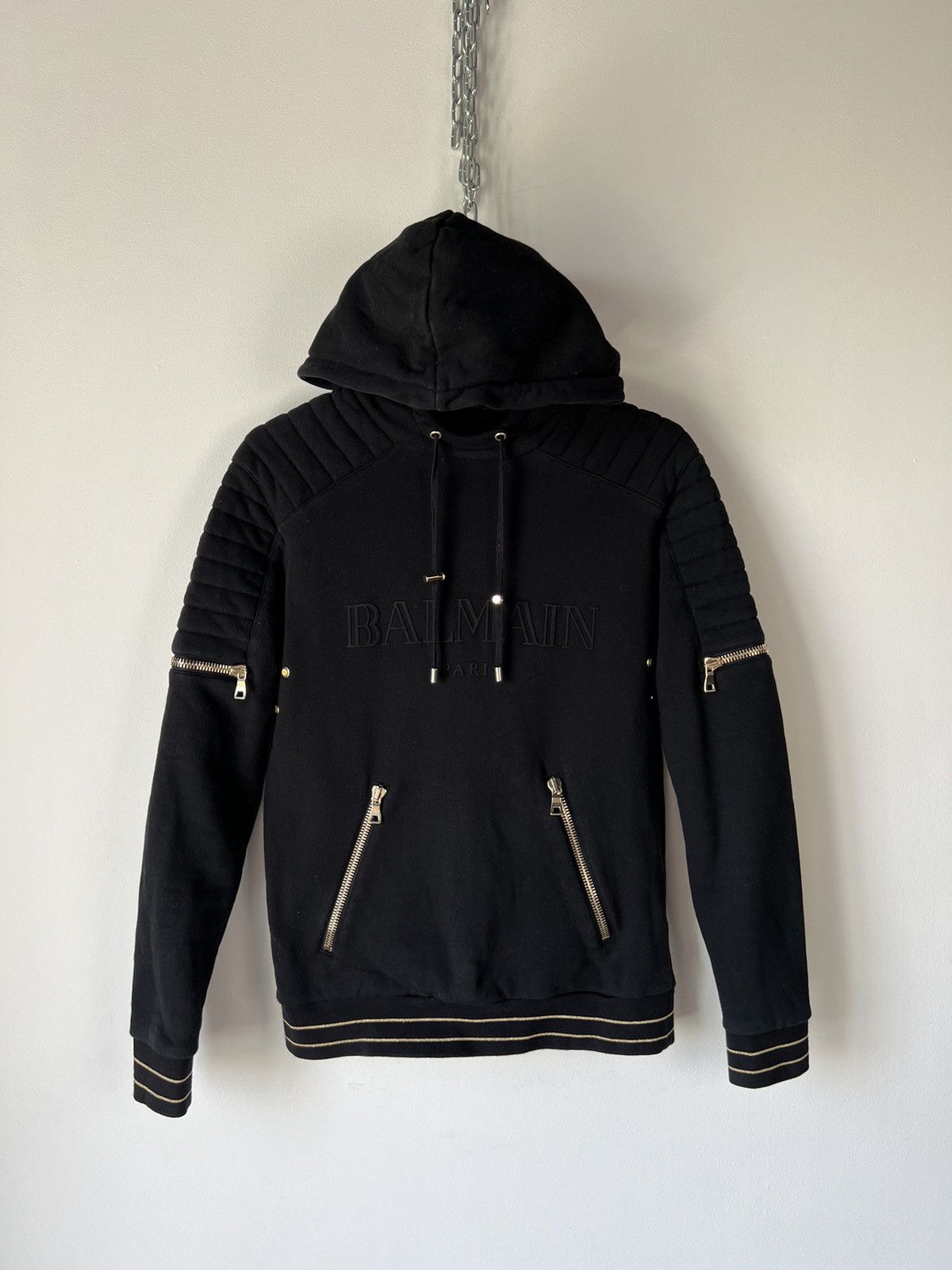 image of Balmain Paris Biker Logo Hoodie Size S in Black, Men's