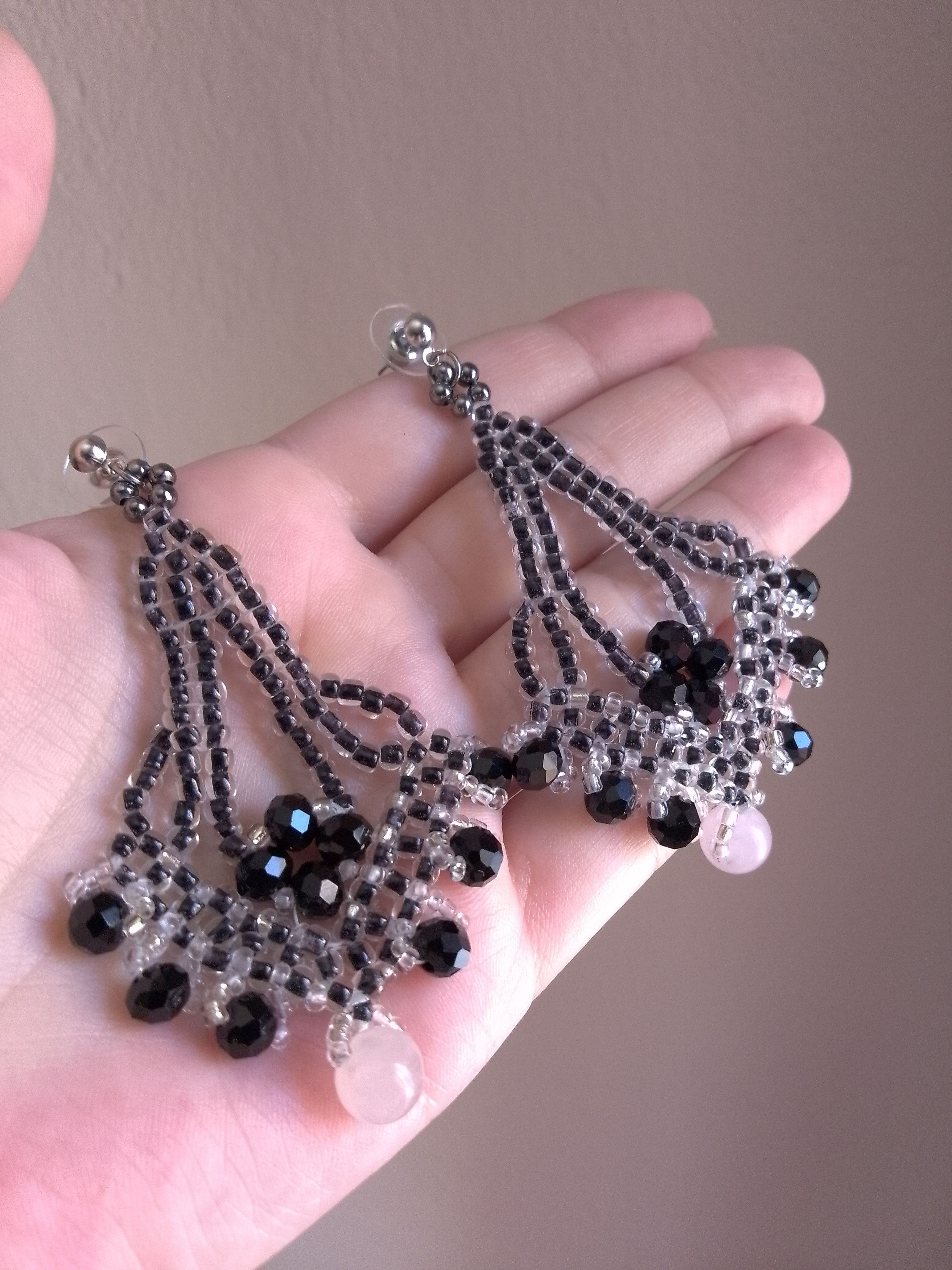 Handmade Earrings Black dangling with natural rose quartz gemstones Size ONE SIZE - 2 Thumbnail
