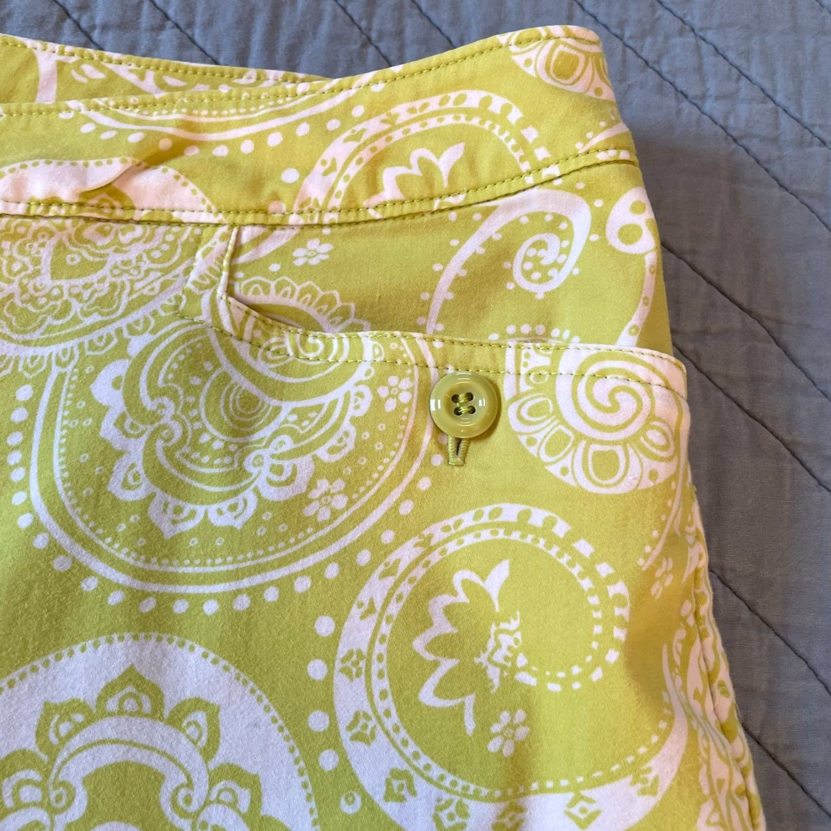 Vintage Chico's Capri Pants Large 14 Lime Green Paisley Preppy Casual Lightweight Cotton Blend Knit Summer Spring Fall Women Size 36" / US 14 / IT 50 - 3 Thumbnail