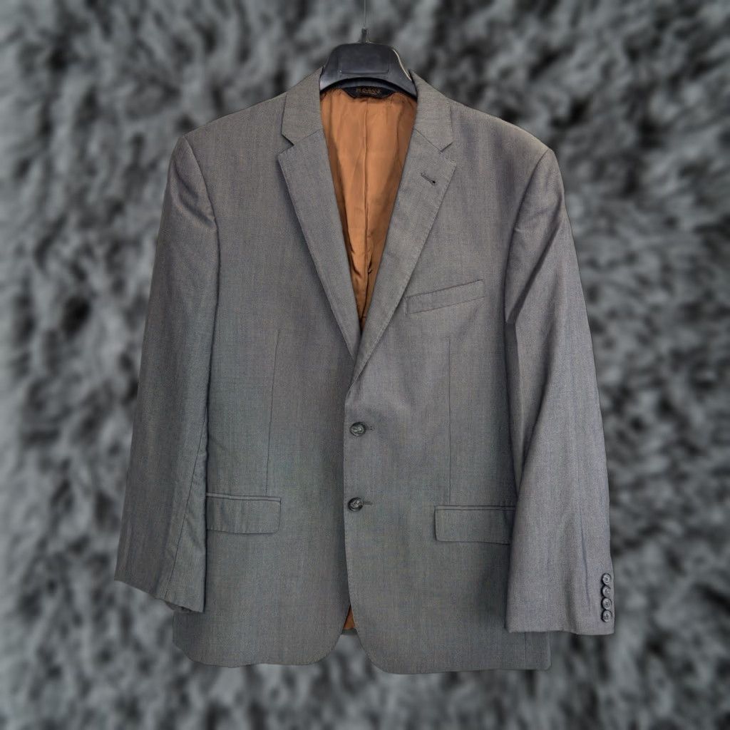 Jos. A. Bank Blazer Sport Coat Suit Jacket 42R Wool Silk Grey Herringbone Two-Button Long Notch Lapel Mens Jacket Coat Vintage? No