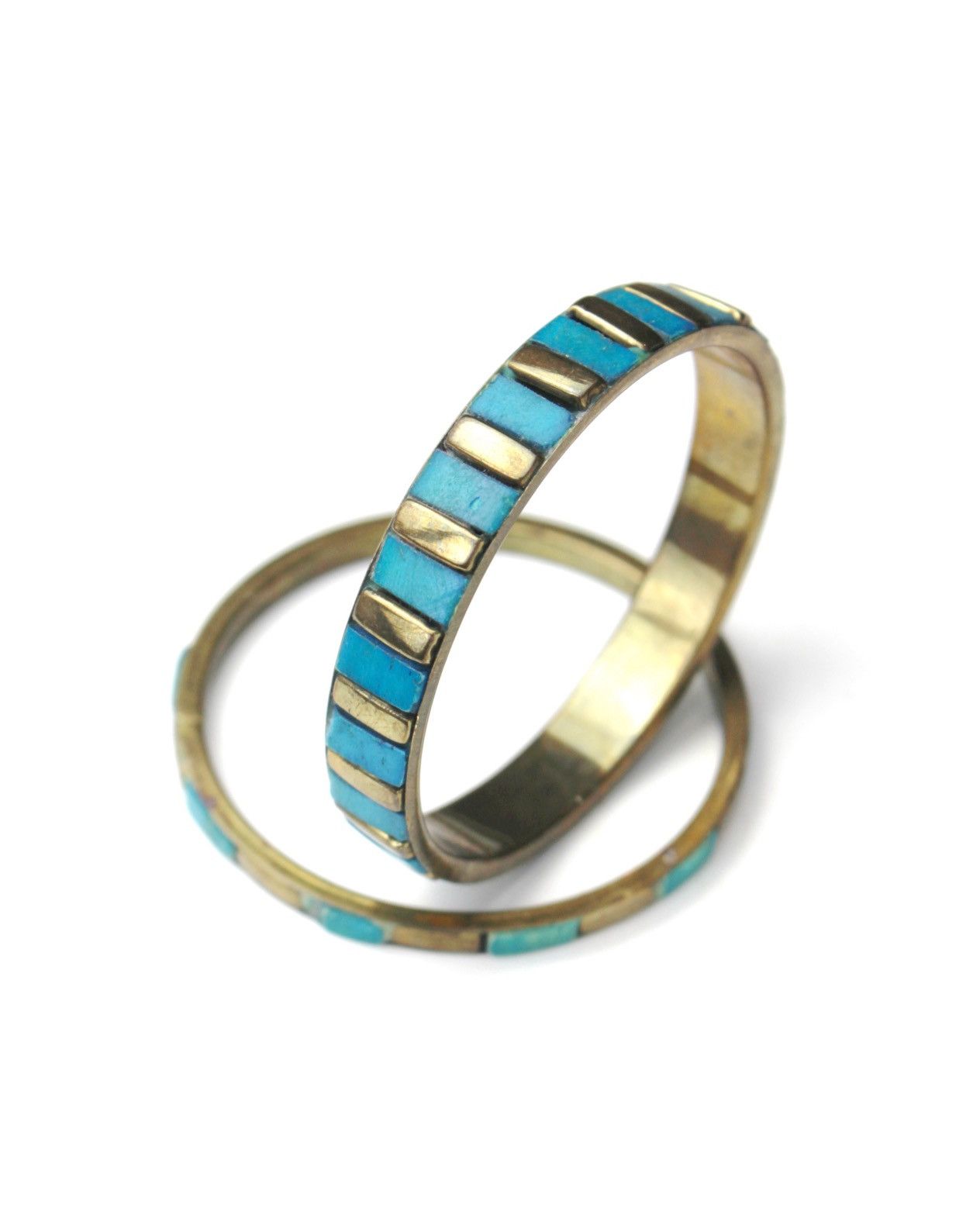 Vintage 1980S JAPANESE HANDCRAFTED TURQUOISE INLAY BRASS BANGLE SET Size ONE SIZE - 4 Thumbnail