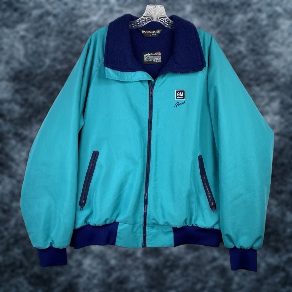 Vintage VTG Sportsmaster Jacket Mens XL Turquoise Blue Bomber Jacket Stripes Logo Zipper Full Zip Pockets Cars Theme Office/Travel Casual Size US XL / EU 56 / 4 - 1 Thumbnail