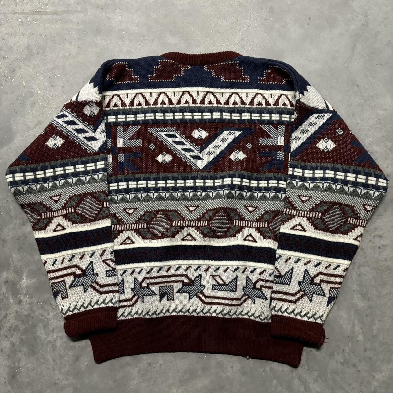 Japanese Brand × Vintage Crazy Vintage 90s Burgundy Crazy Pattern Acrylic Sweater! Size US L / EU 52-54 / 3 - 5 Thumbnail