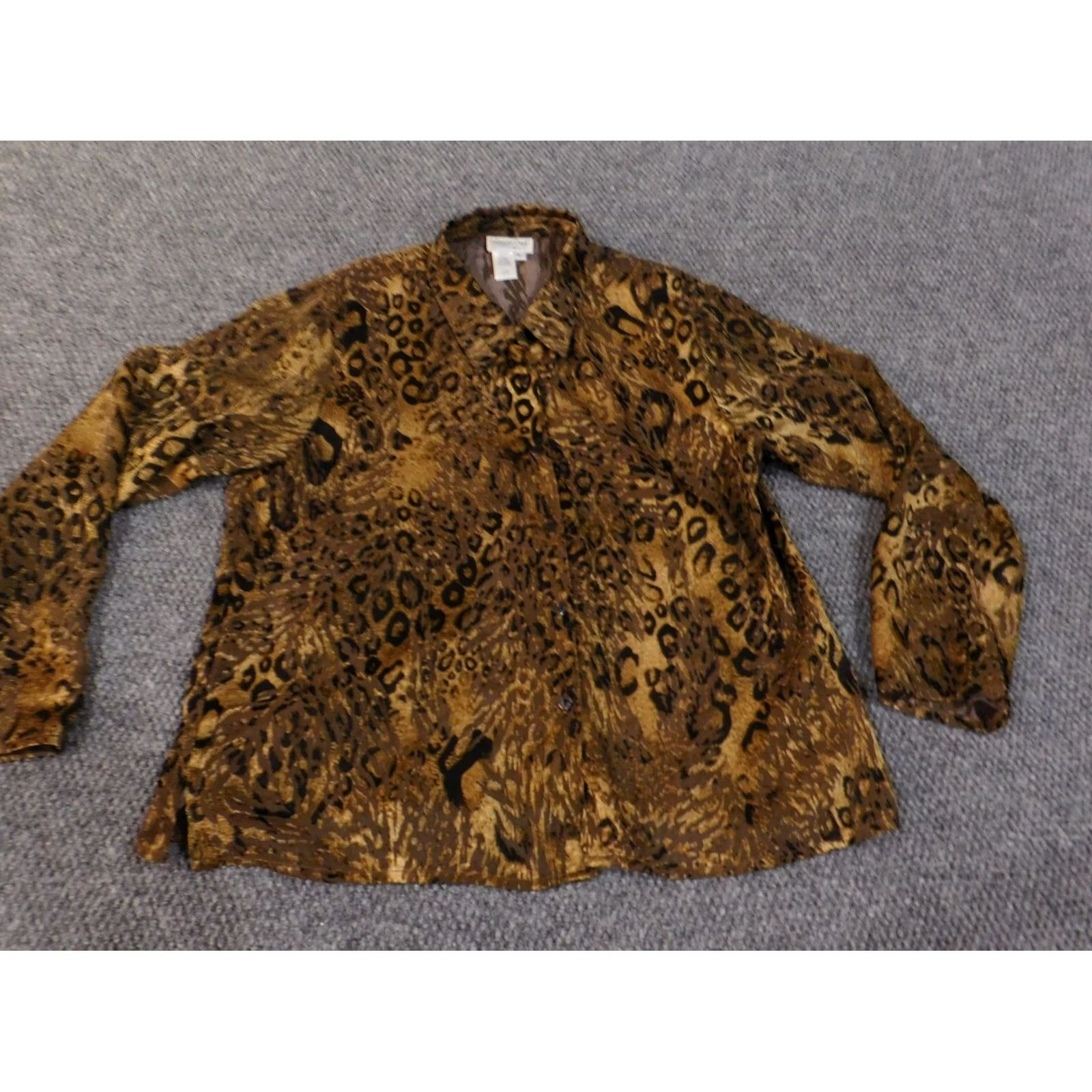 Coldwater Creek Coldwater Creek Shirt Womens L Brown Animal Print Button-Up Knit Polyester Viscose Ruffle Casual Size L / US 10 / IT 46 - 4 Thumbnail
