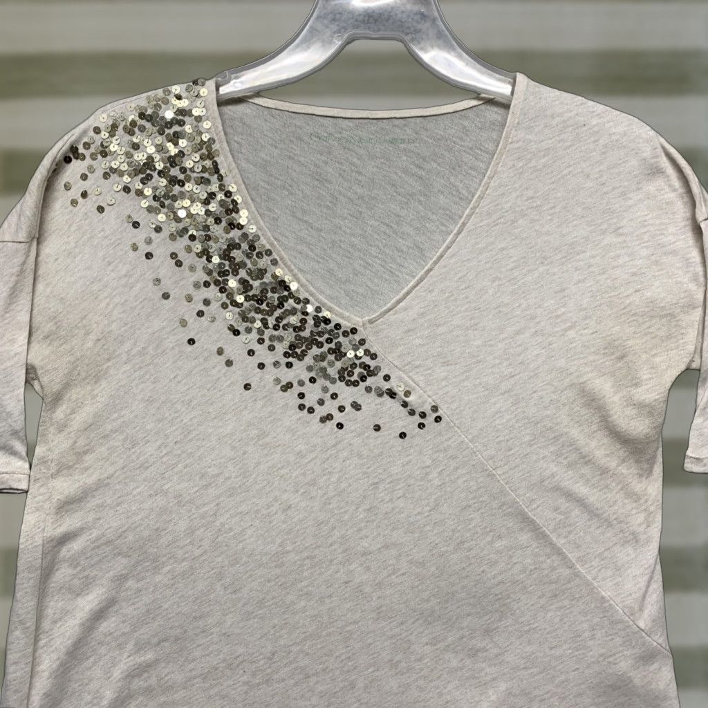 Calvin Klein Calvin Klein Pullover Top Women's S/P Heather Cream Sequins V-Neck Relaxed Fit Shirt Size S / US 4 / IT 40 - 1 Thumbnail