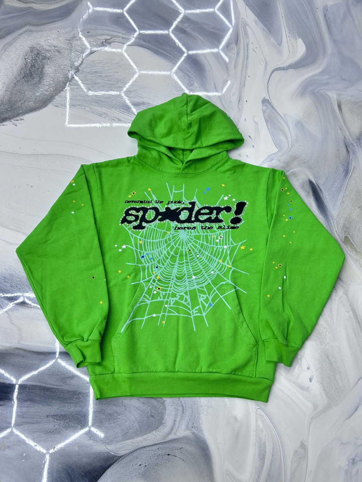 Sp5der Sp5der Punk V2 Web Rhinestone Hoodie Slime Green Size M 