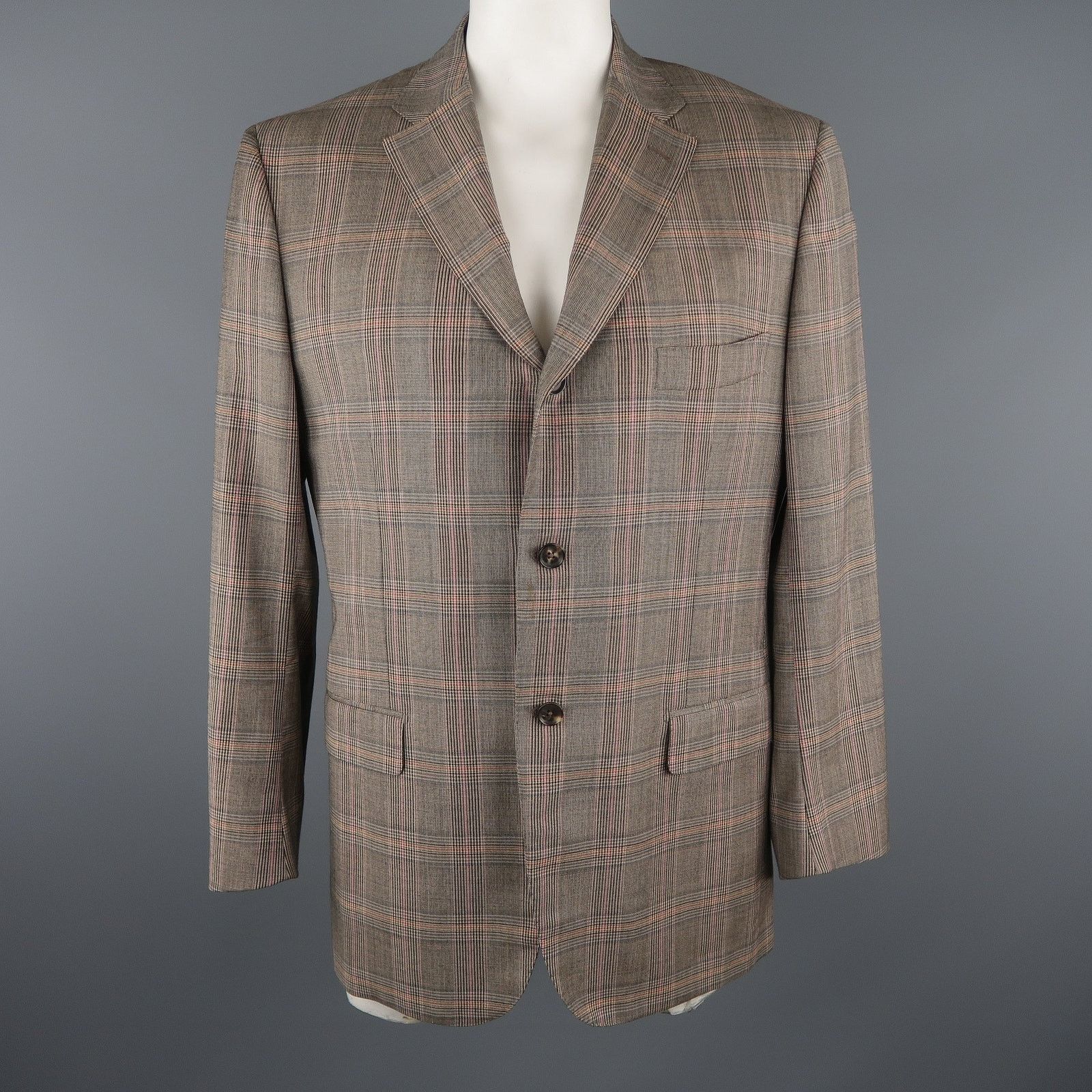 Isaia ISAIA Size 46 Long Brown Plaid Wool Notch Lapel Sport Coat Size 46R - 1 Thumbnail