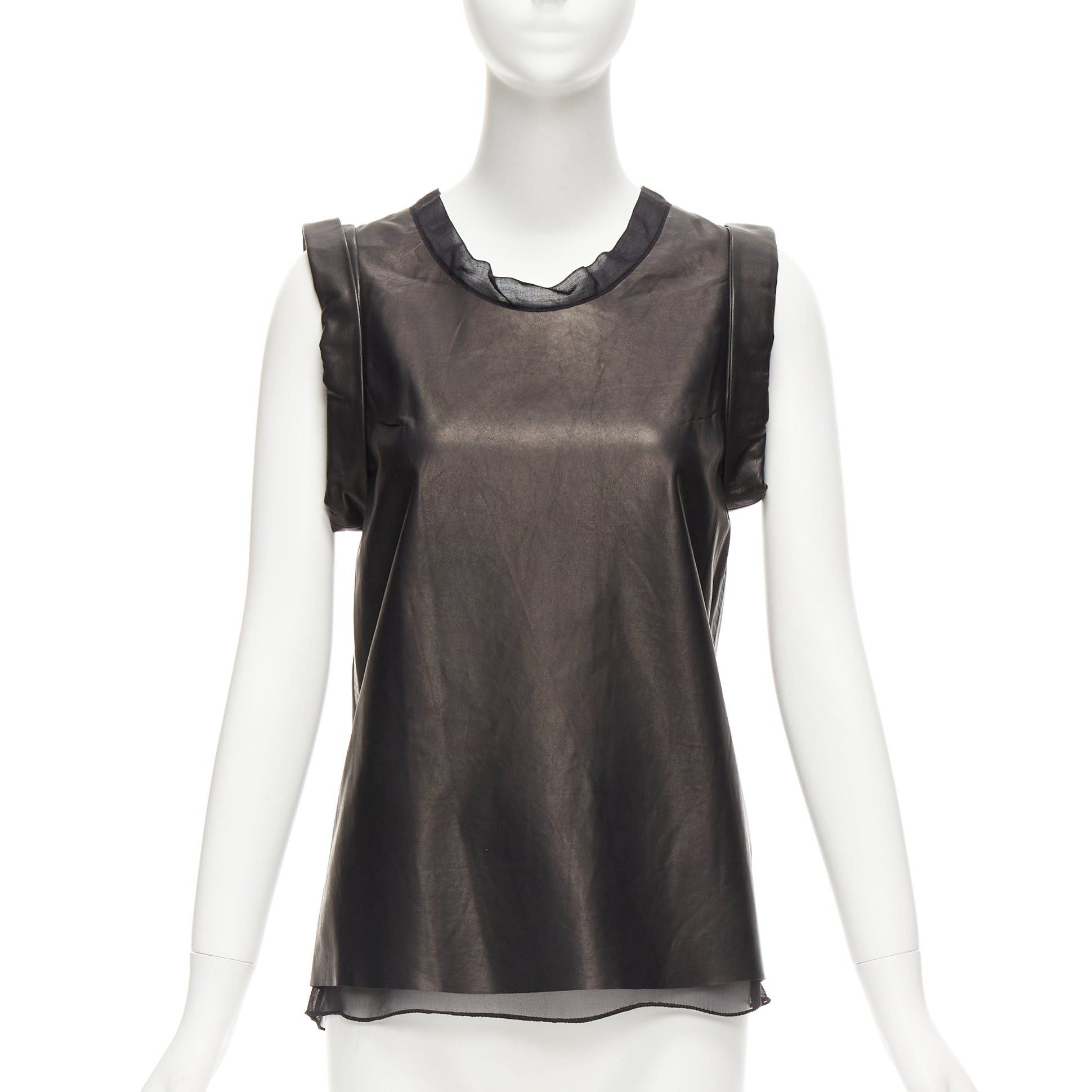 image of 3 1 Phillip Lim Black Leather Sheer Silk Trim Folded Sleeves Tunic Top Us2 S, Women's (Size Small)