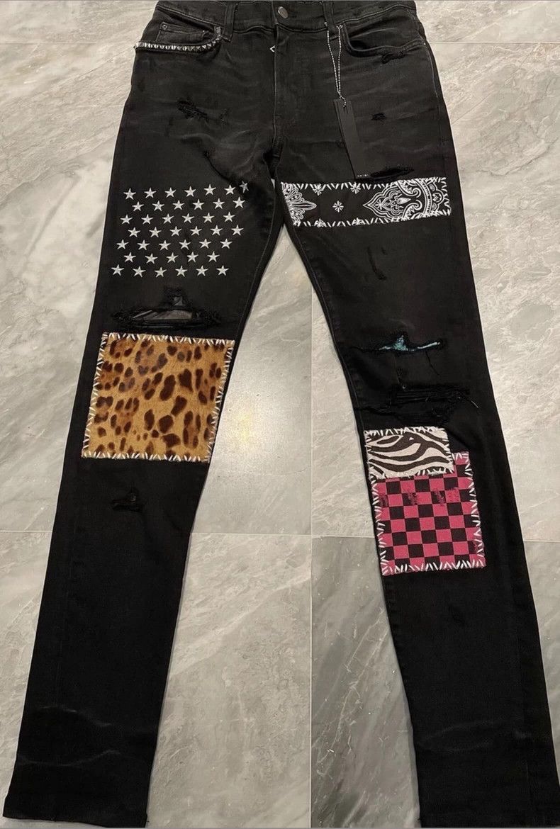 Amiri Amiri leopard print chessboard patched black jeans Size US 30 / EU 46 - 1 Thumbnail