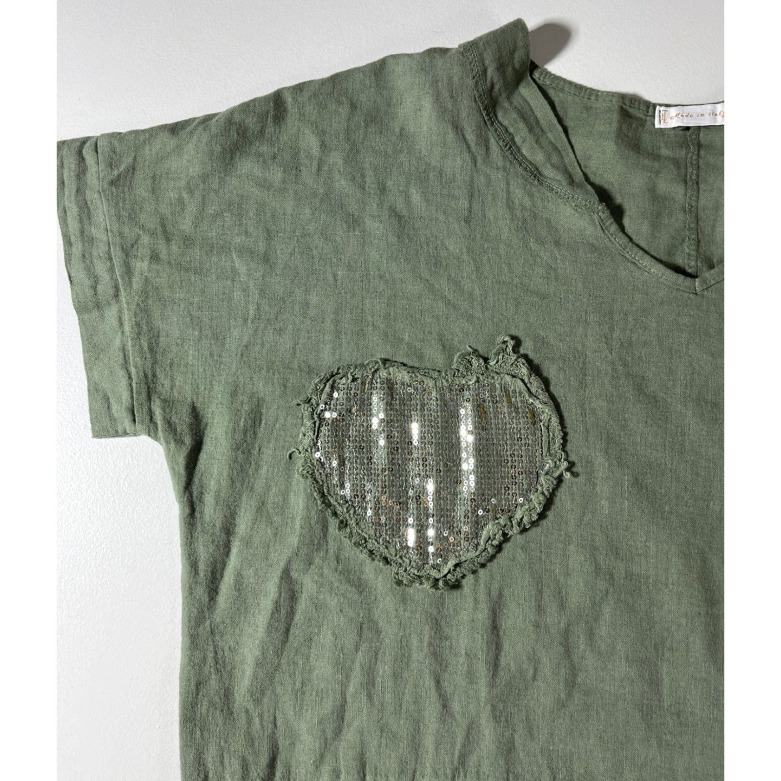 Vintage VINTAGE The Lino Lounge Women’s Sleeveless Top Blouse One Size Green Linen Blend Heart Patch Bohemian Casual Short Size ONE SIZE - 5 Thumbnail