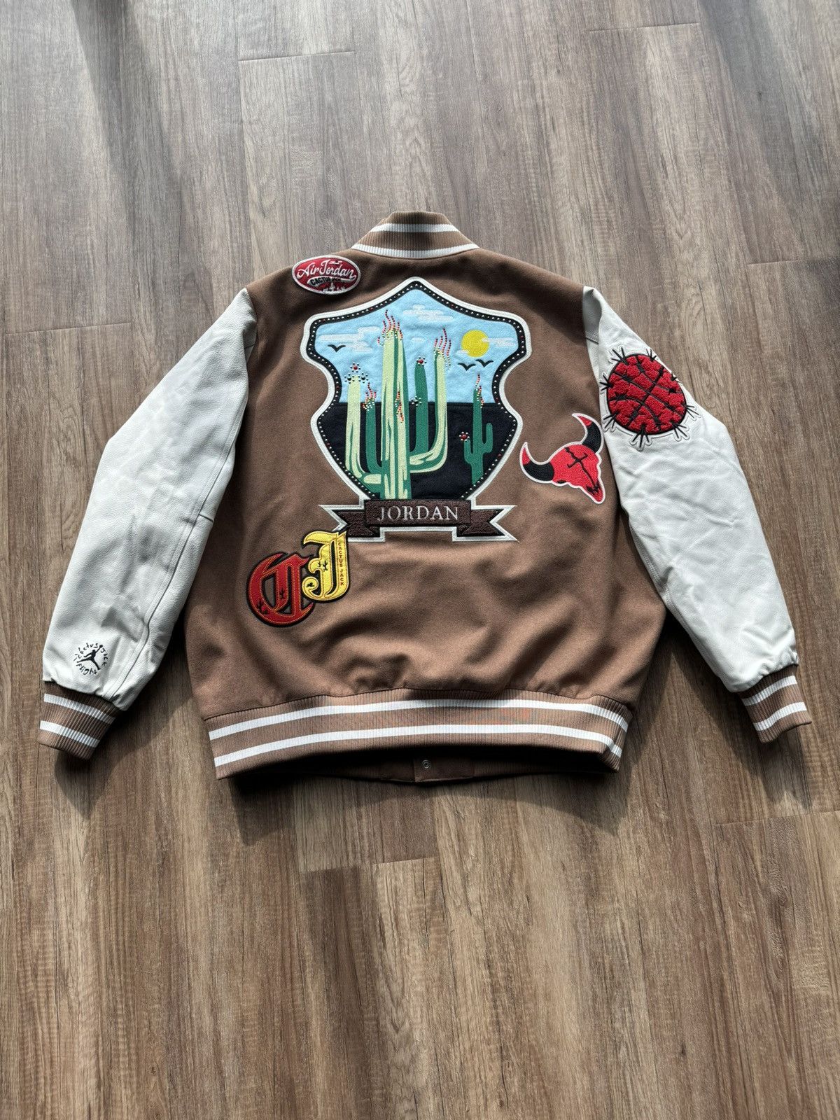 image of Travis Scott X Jordan Varsity Jacket Antique Brown, Men's (Size XL)