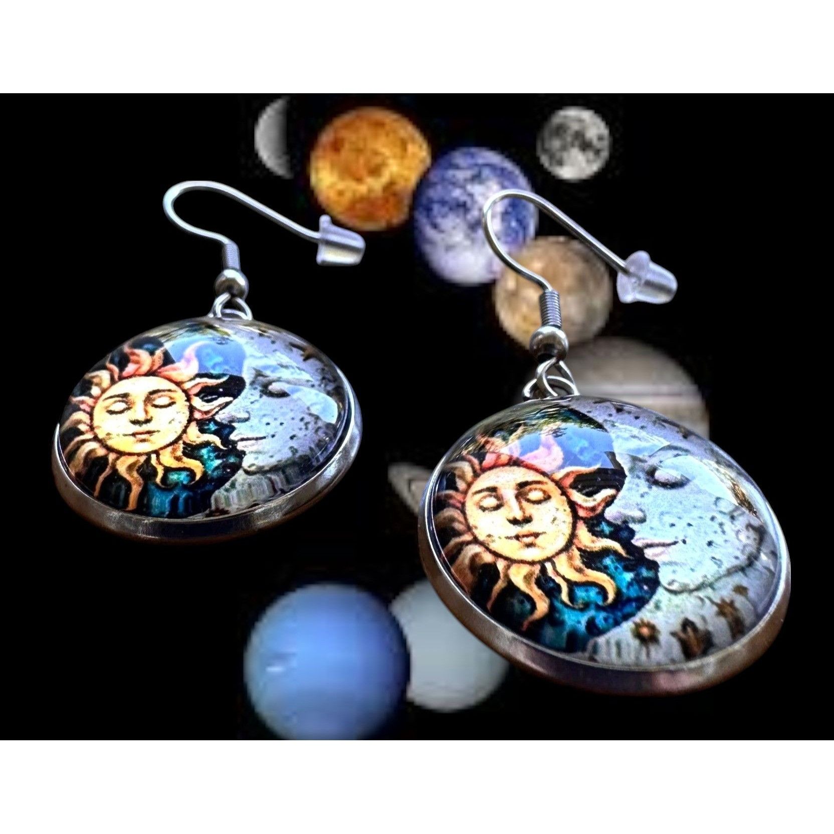 Handmade Sun Moon Earrings Navy Blue Eclectic Planet Astrology Zodiac Size ONE SIZE - 5 Thumbnail