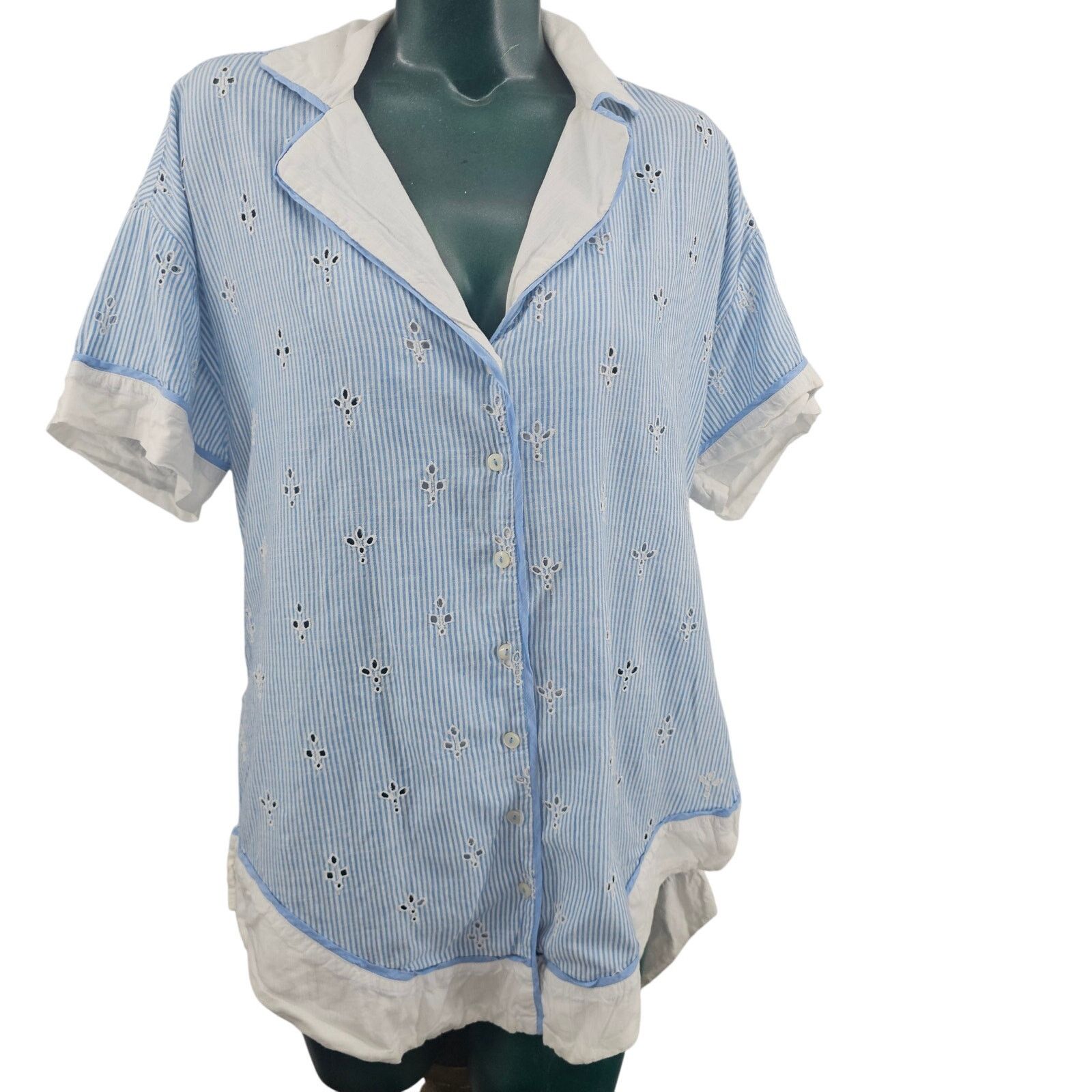 Anthropologie Anthropologie The Bijou Striped Eyelet Button Shirt Blue XS Size XS / US 0-2 / IT 36-38 - 1 Thumbnail