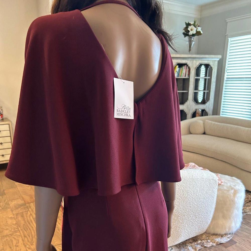 Designer Belle Badgley Mischka Plum Cape Deep V Dress Size XS / US 0-2 / IT 36-38 - 6 Thumbnail
