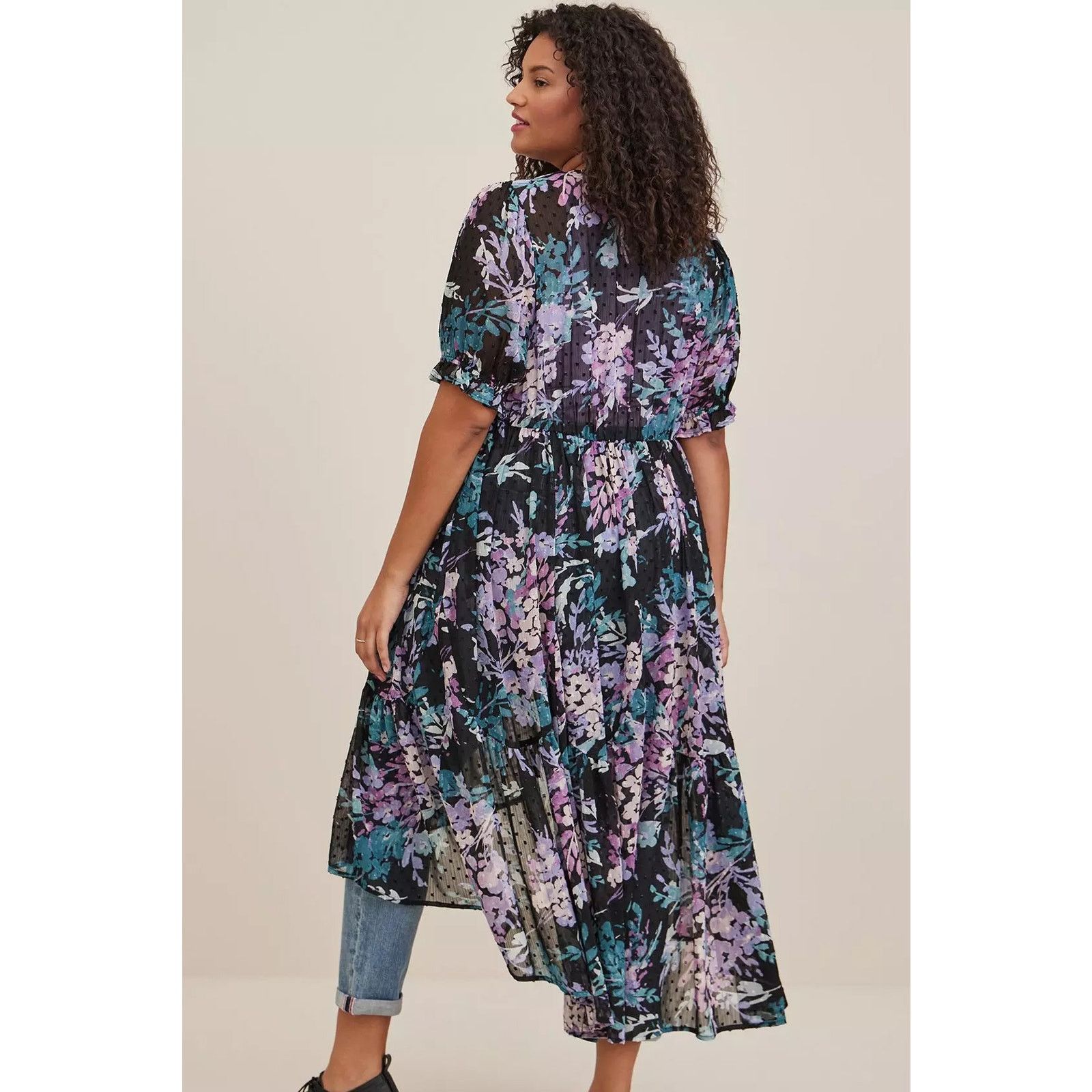 Corridor Torrid Ruffle Kimono Chiffon Clip Dot Floral Black Tiered Size XL / US 12-14 / IT 48-50 - 2 Thumbnail