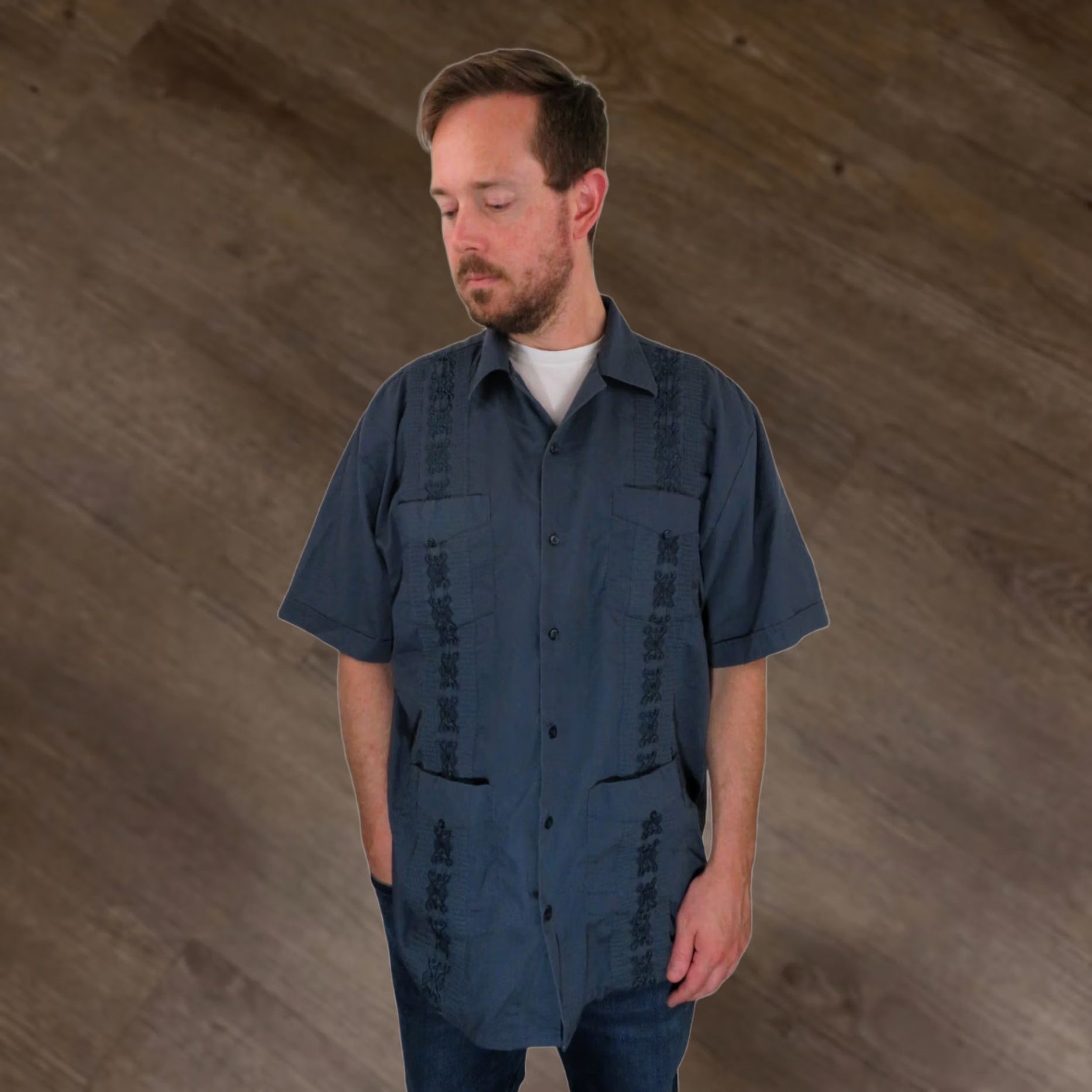Omega VINTAGE Blue Embroidered Shirt Mens XL 80s Guayabera Aztec Camp Size 46R - 1 Thumbnail