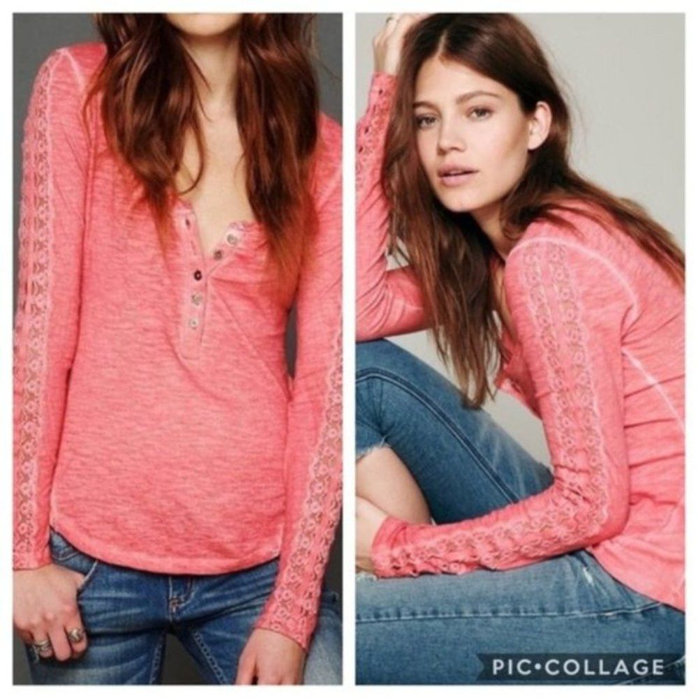 Free People Free People Shell Stitch Long Sleeve Coral Pink Henley Size Size XS / US 0-2 / IT 36-38 - 1 Thumbnail