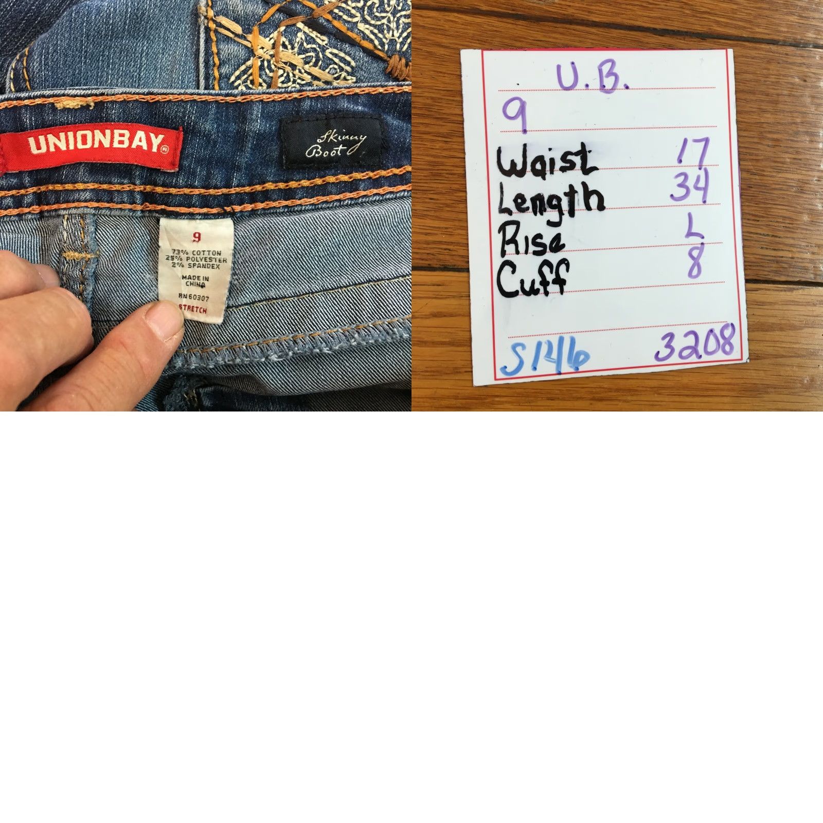 Vintage Union Bay Womens Jeans Skinny Boot Cut Blue Denim 34 Inseam 34 Waist 34 Regular Size 9 Distressed Medium Wash 5-Pocket Zipper Button Loops Belt Size 30" / US 8 / IT 44 - 8 Thumbnail