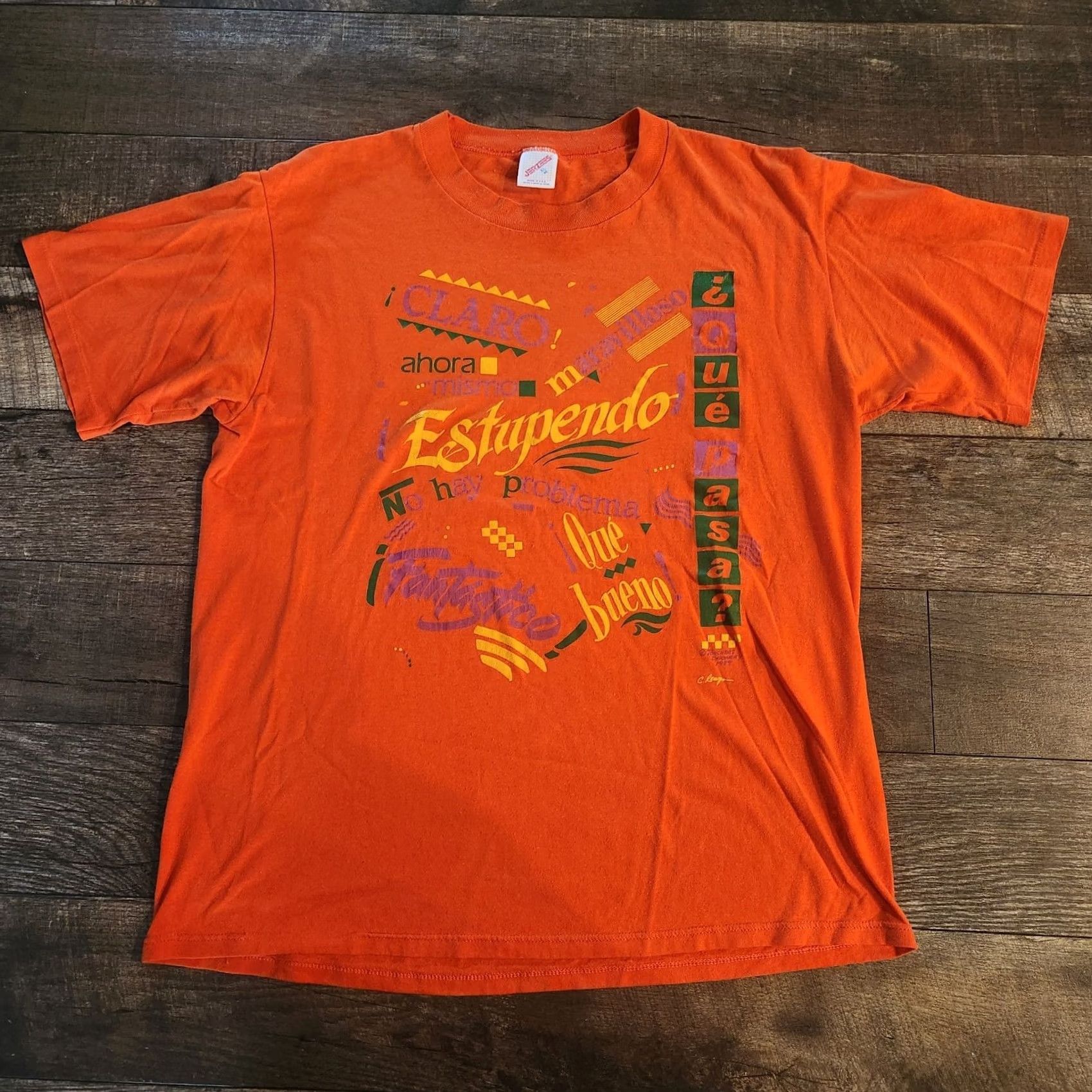 Jerzees VINTAGE 80s Spanish Mexican T Shirt Tee Mens XL Orange Single Stitch Made In USA Jerzees Shirt Mens XL Orange 80s Size US XL / EU 56 / 4 - 2 Thumbnail