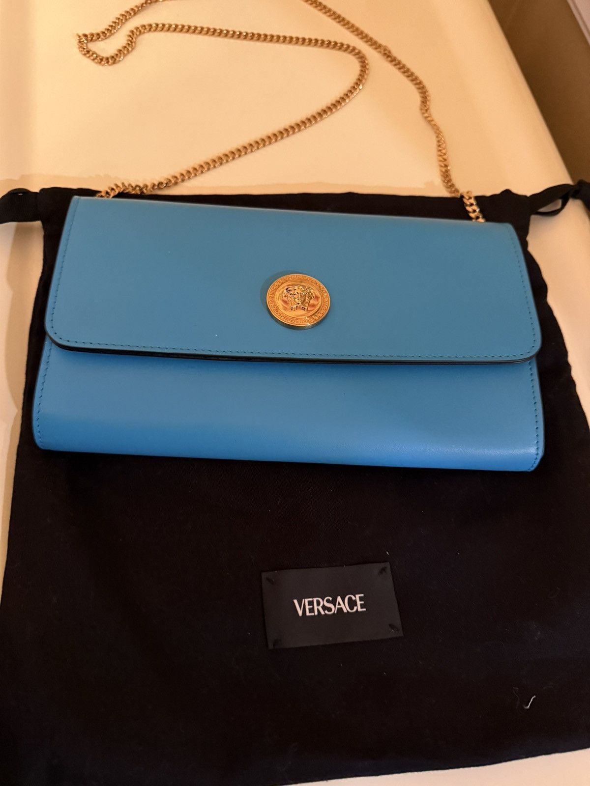Versace Blue Versace Wallet on Gold Crossbody Chain Size ONE SIZE - 1 Thumbnail