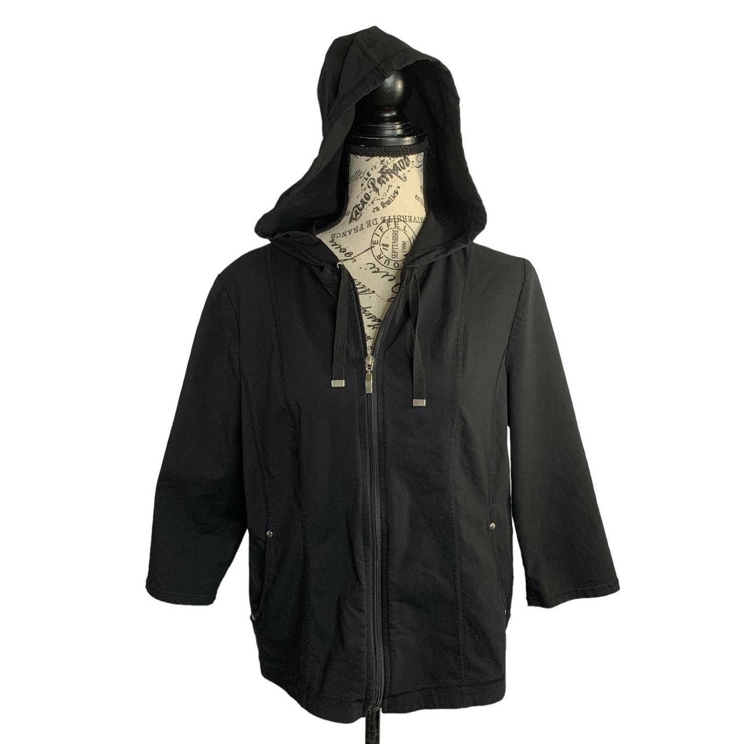Chicos Chico's Hooded Jacket Black 3/4 Sleeves Full Zip Women Small Size S / US 4 / IT 40 - 1 Thumbnail