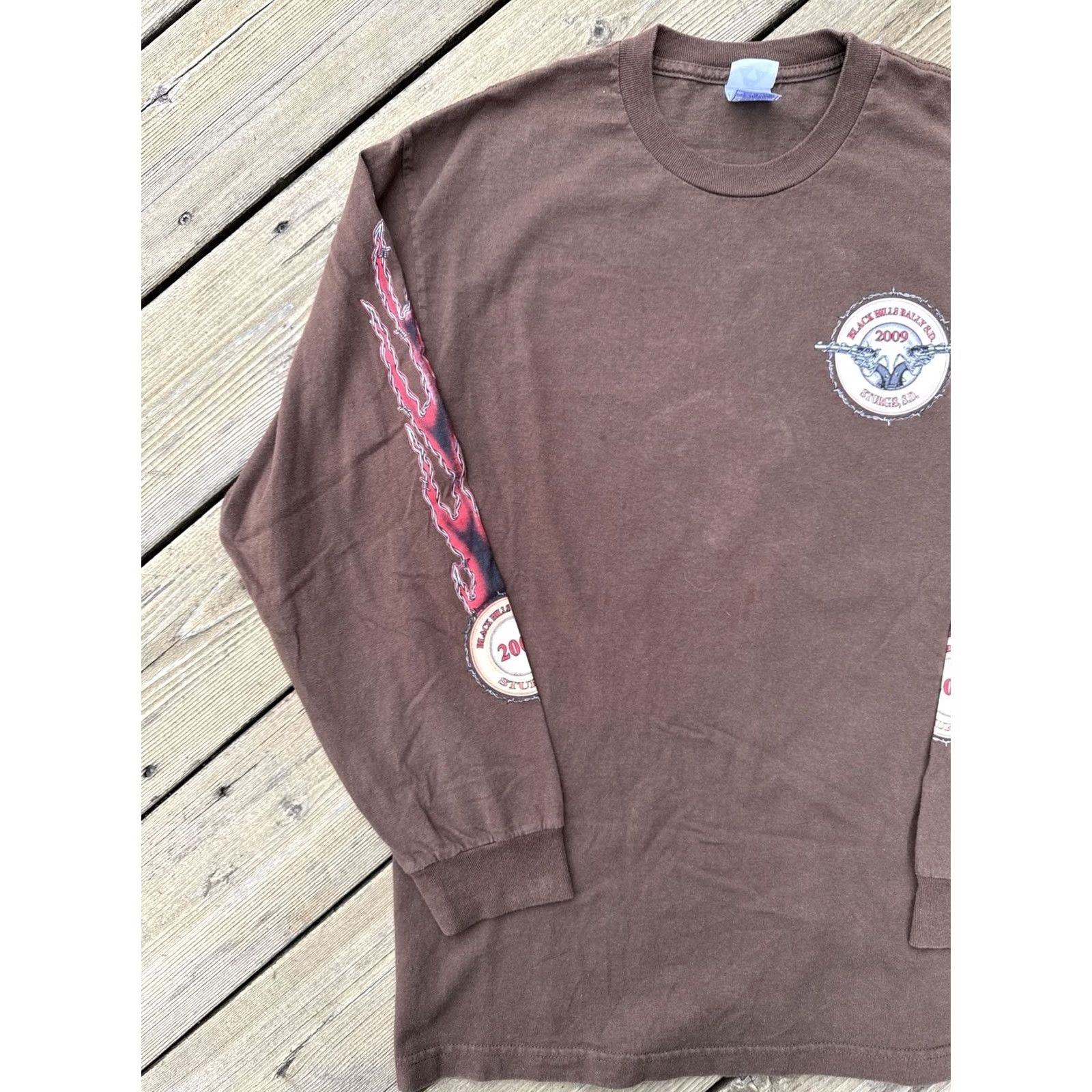 AAA VINTAGE Sturgis Black Hills Rally 2009 Long Sleeve Graphic Tee Biker Flames Brown L Mens Size US L / EU 52-54 / 3 - 2 Thumbnail
