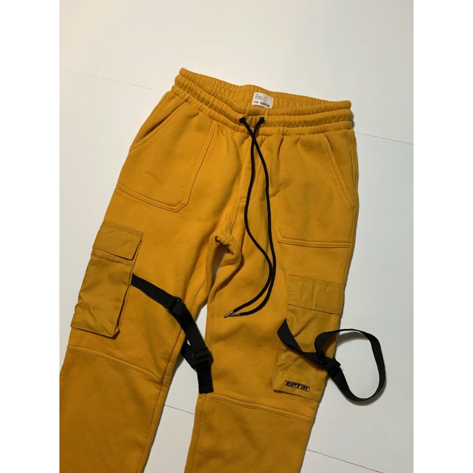 Vintage EPTM Mustard Yellow Black Straps Cargo Drawstring Slim Fleece Track Sweatpants S Men Regular Pants Sweatpants Slim 30-34 Inseam 32 Velcro Straps Size US 29 - 7 Thumbnail