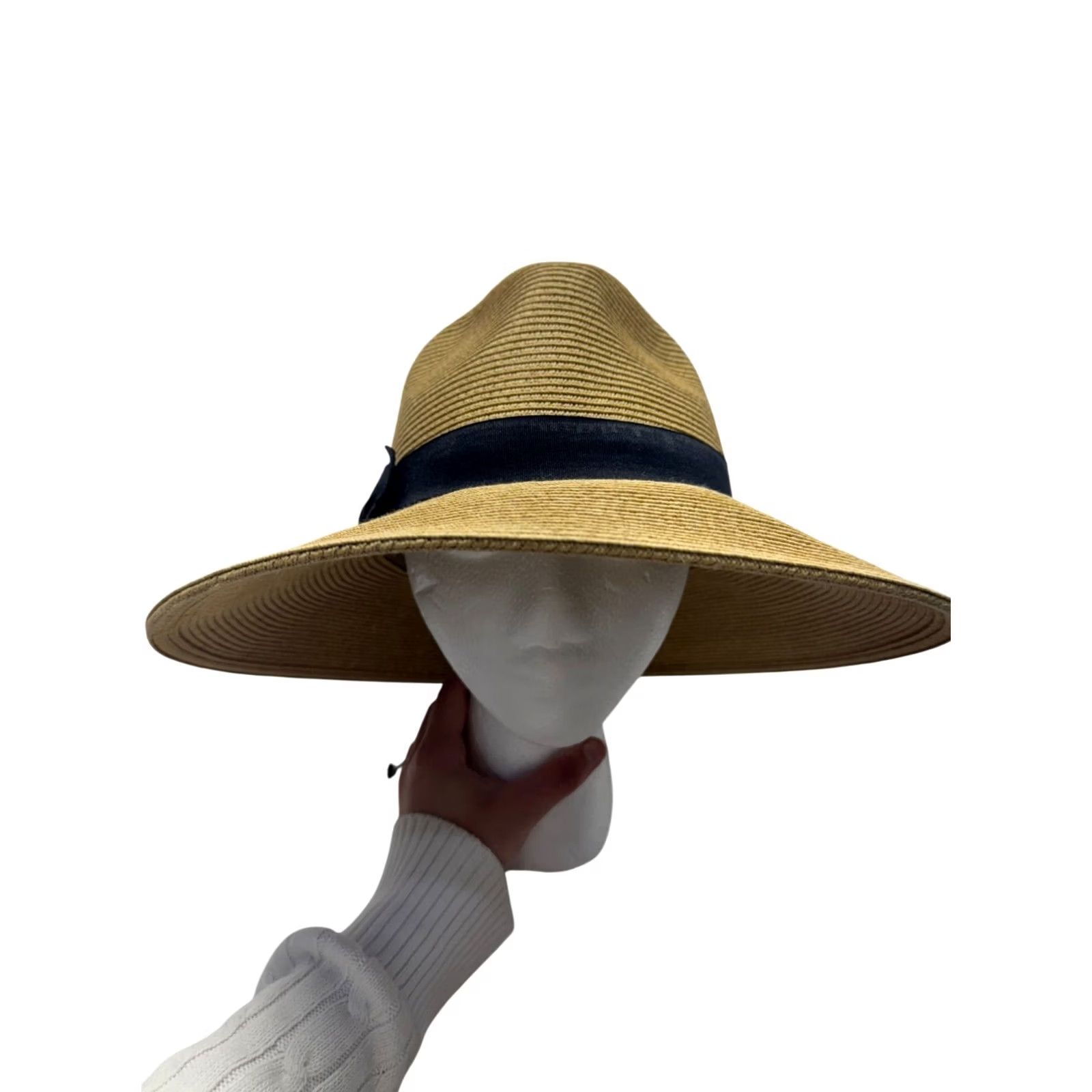 Vintage Cappelli Wide Brim Straw Hat Black Ribbon Bow Pineapple Accent Sun Hat Beach Summer Women's One Size Black Size ONE SIZE - 2 Thumbnail