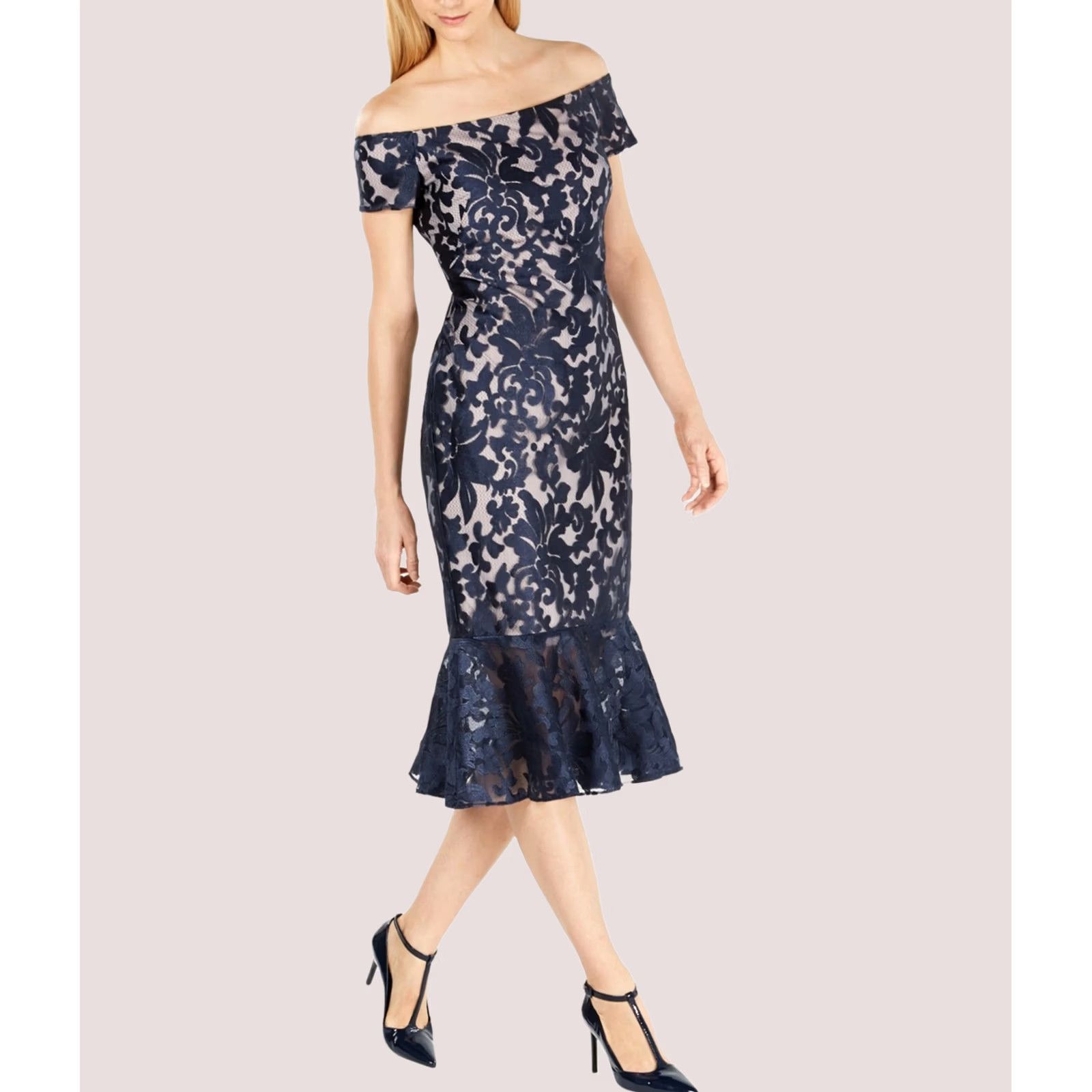 Calvin Klein Calvin Klein Womens Lace Off-Shoulder Midi Dress blue Size 14 Size XL / US 12-14 / IT 48-50 - 1 Preview