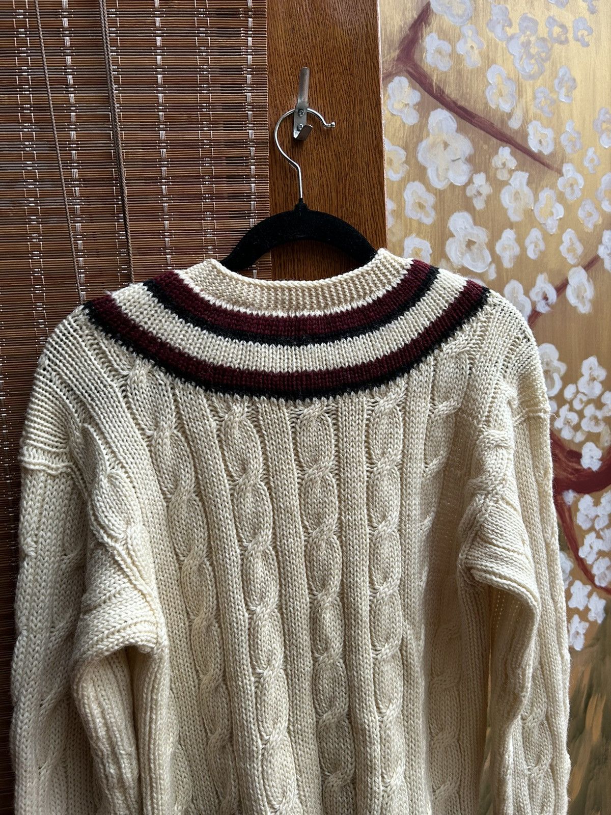 Vintage 40-50s Wool Cable Knit Varsity V-Neck Jumper T.C.Marsh & Son Size US L / EU 52-54 / 3 - 4 Thumbnail