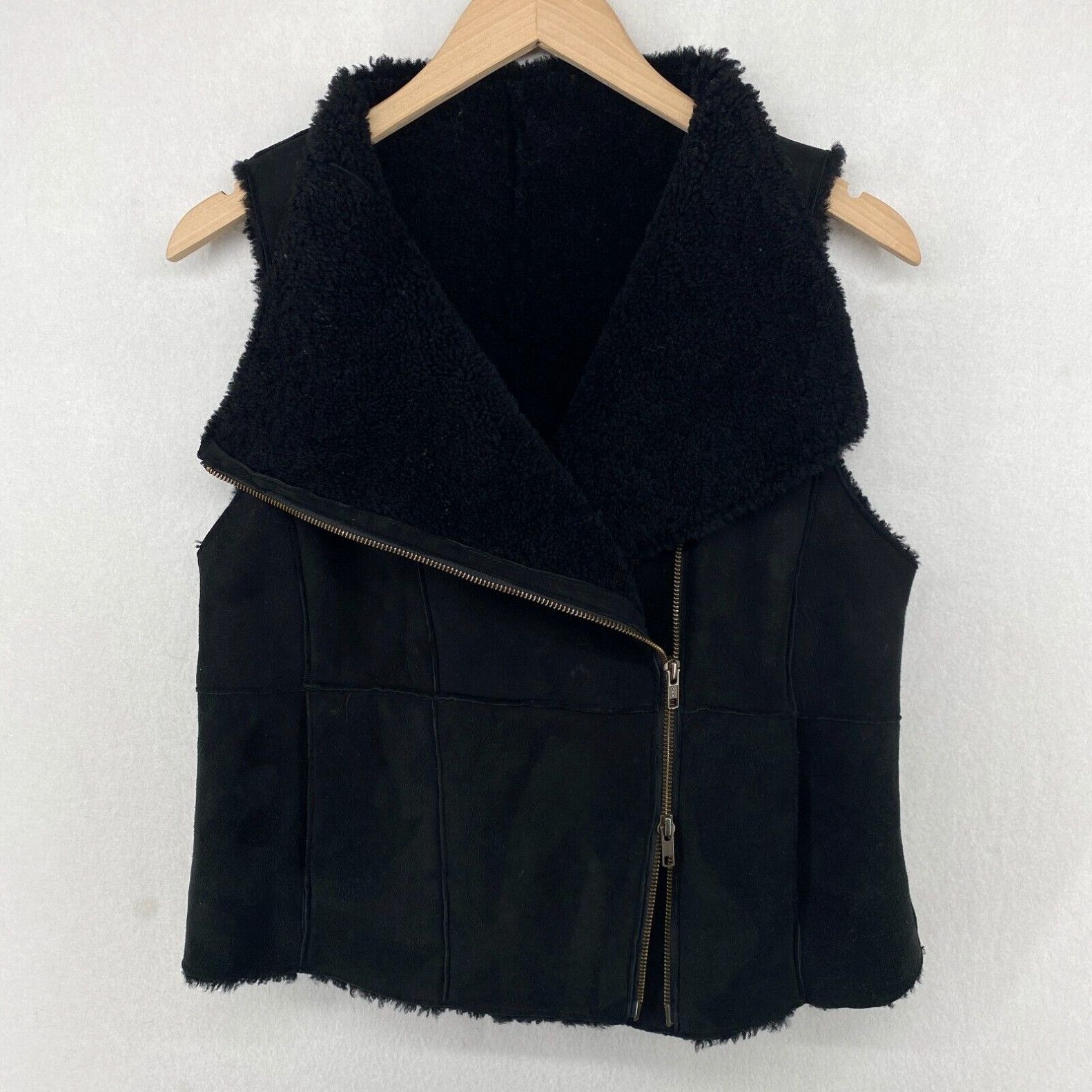 image of Eileen Fisher The Fisher Project Vest Xs Real Lamb Shearling Fur Leather Asymmetric Zip Black in Wh