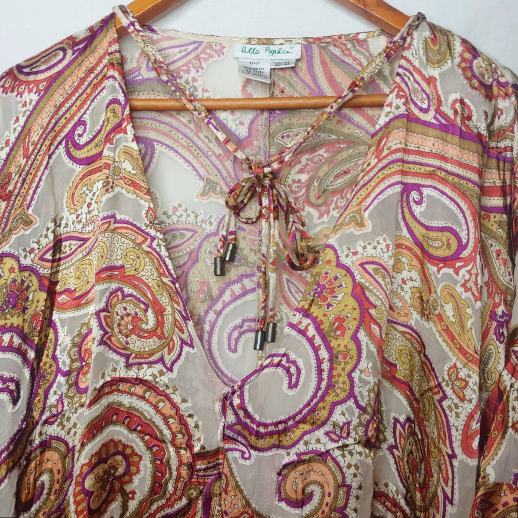 Vintage Ulla Popken Plus Size Blouse 20/22 Brown Paisley Long Sleeve V-Neck Bell Sleeve Rayon Silk Womens Size 3XL / US 20-22 - 4 Thumbnail