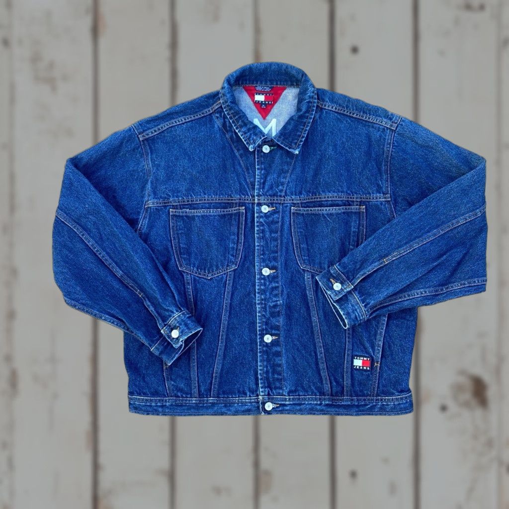 Tommy Hilfiger VINTAGE Tommy Hilfiger Spell Out Big Flag Patch Denim Jean Jacket XL Men 90s Blue"} Size US 36 / EU 52 - 1 Thumbnail