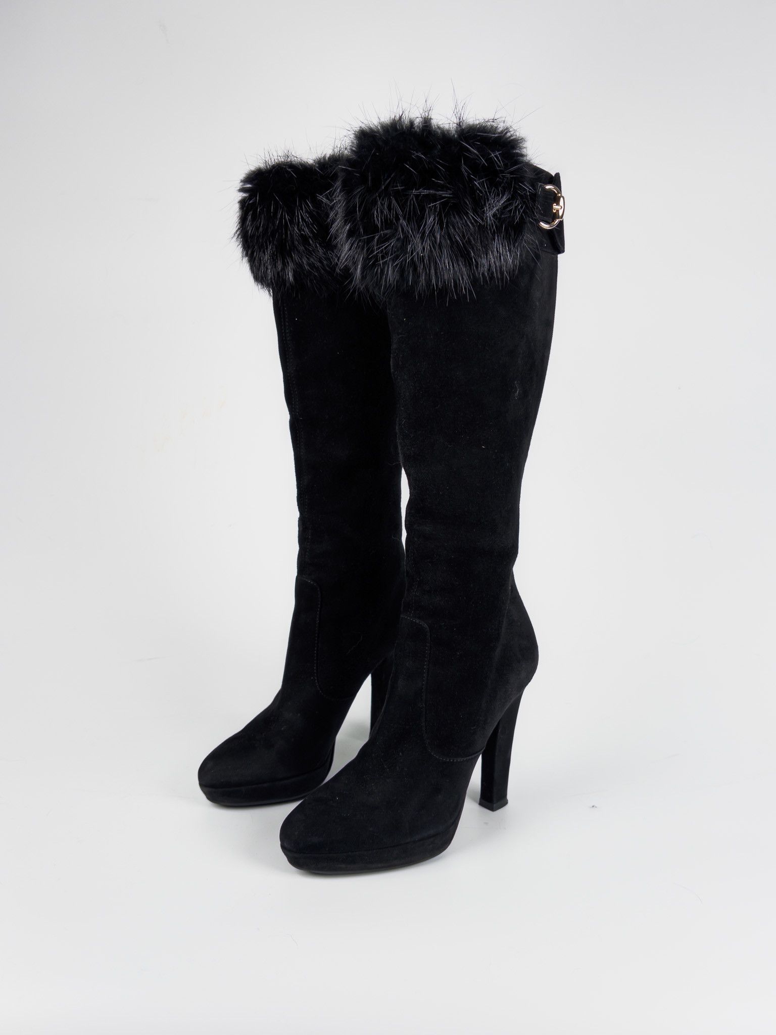 Gucci Gucci - Black Suede Leather High Beaver Fur Boots Size US 7.5 / IT 37.5 - 1 Thumbnail