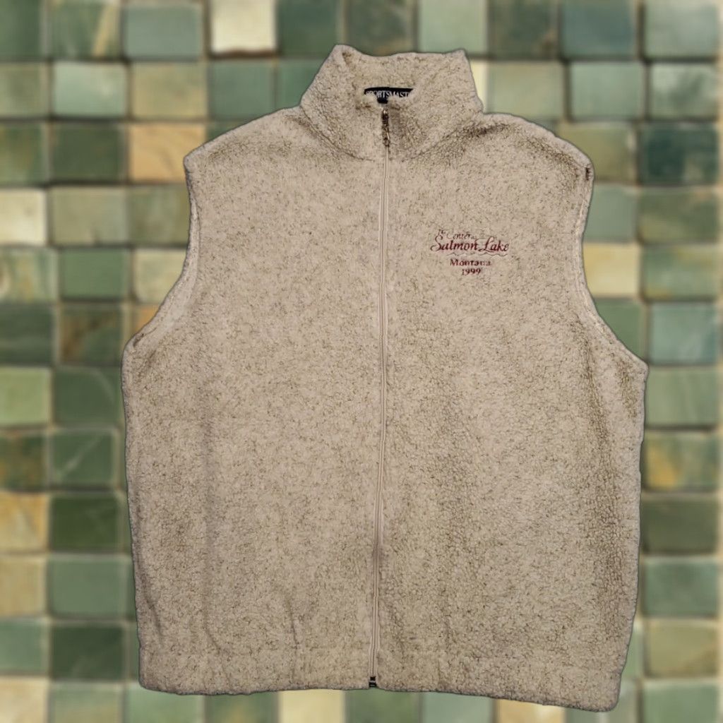 Vintage VINTAGE Center at Salmon Lake Montana Vest Mens L Beige Fleece Made in USA 90s Sportsmaster Mock Neck Full Zip Knitted Sweater Size US L / EU 52-54 / 3 - 1 Thumbnail