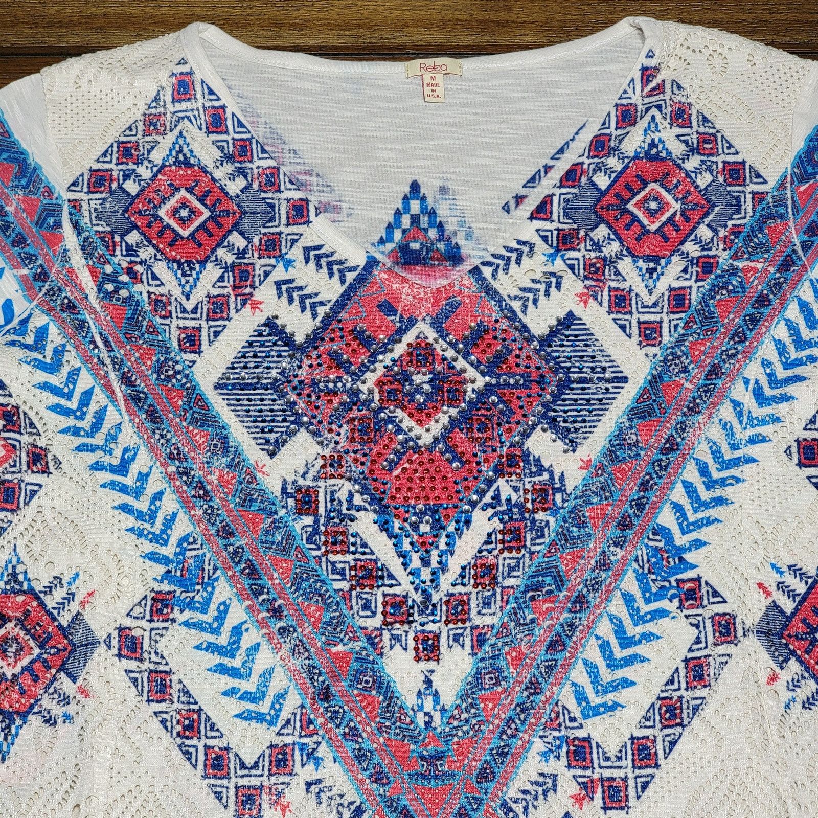 Other Reba LS White V-Neck Blouse w/ Aztec Print & Bling - Medium Size M / US 6-8 / IT 42-44 - 2 Thumbnail