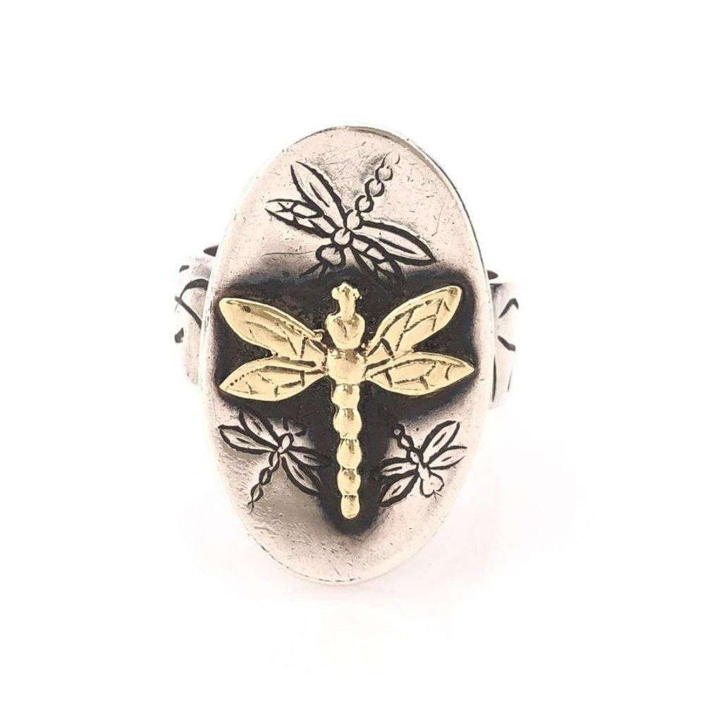 Designer Sterling Silver Oval Golden Dragonfly Signet Ring - Size 5 Size ONE SIZE - 6 Thumbnail
