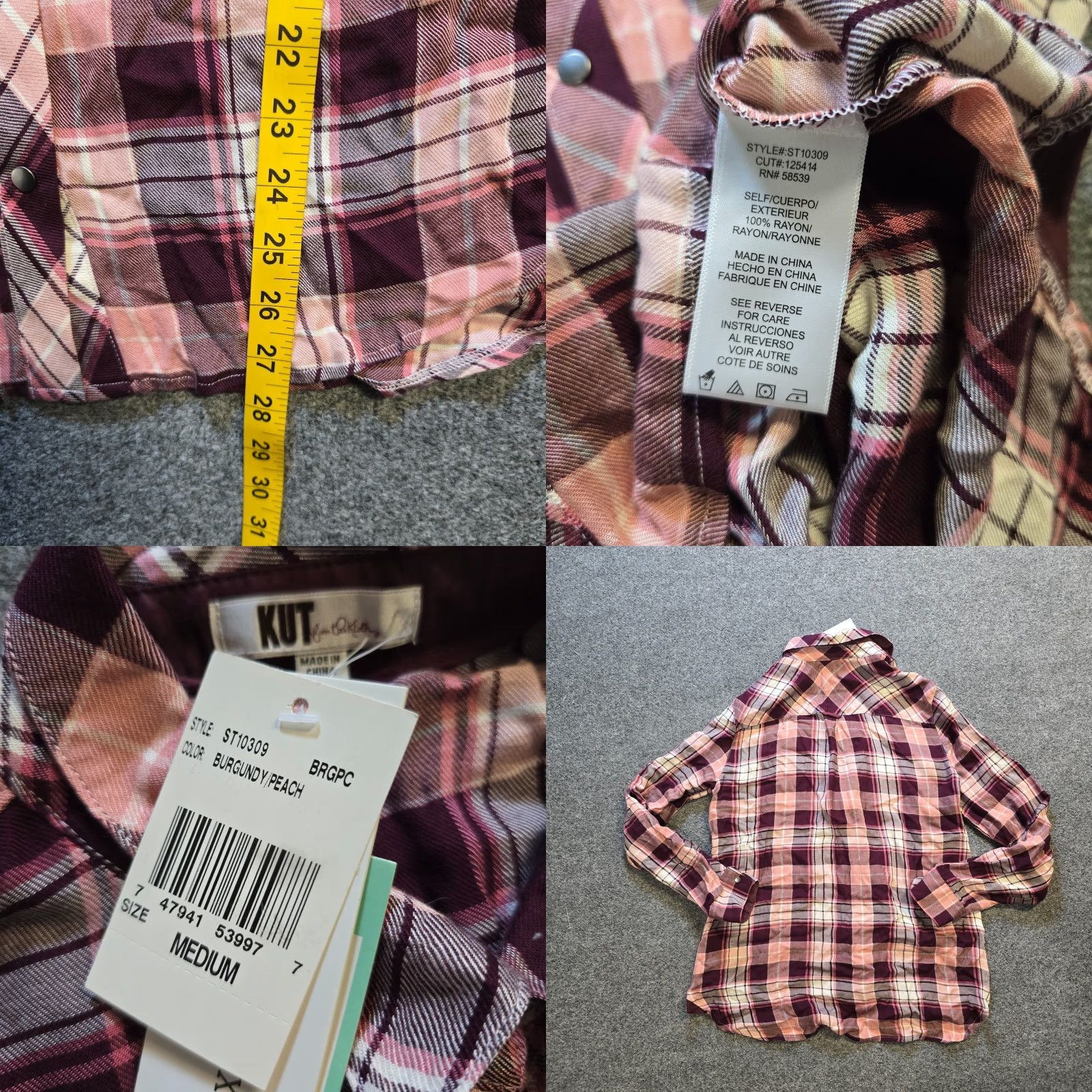 Vintage KUT from the Kloth Top Womens Medium Pink Burgundy Plaid Snap Button Casual Shirt Size M / US 6-8 / IT 42-44 - 8 Thumbnail