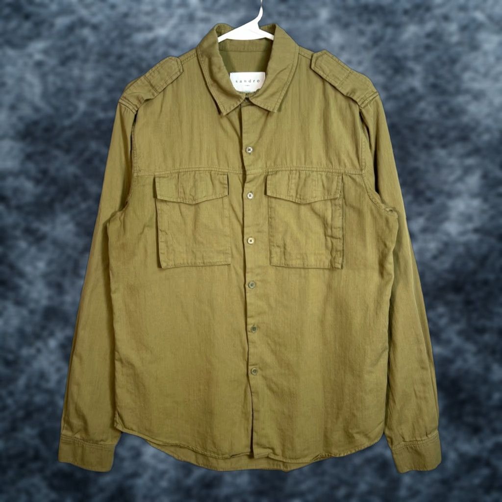 Sandro Sandro Button-Up Shirt Mens Medium Olive Green 100% Cotton Long Sleeve Carded? Size US M / EU 48-50 / 2 - 1 Thumbnail
