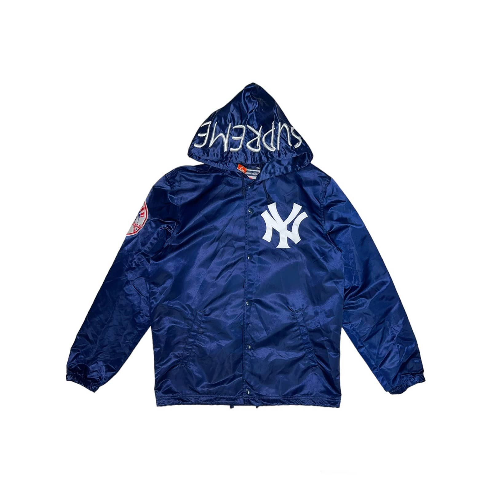 image of Supreme X Yankees Mlb Satin Hooded Coaches Jacket in Blue, Men's (Size Small)