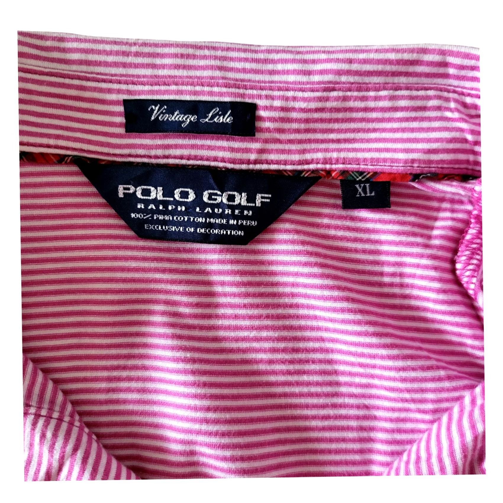 Polo Ralph Lauren Ralph Lauren Polo Golf Vintage Lisle Pink Stripe Polo Shirt XL - Pink with White Stripes, Short Sleeve, Collared, 100% Pima Cotton, Classic Fit, Peru Size US XL / EU 56 / 4 - 4 Thumbnail