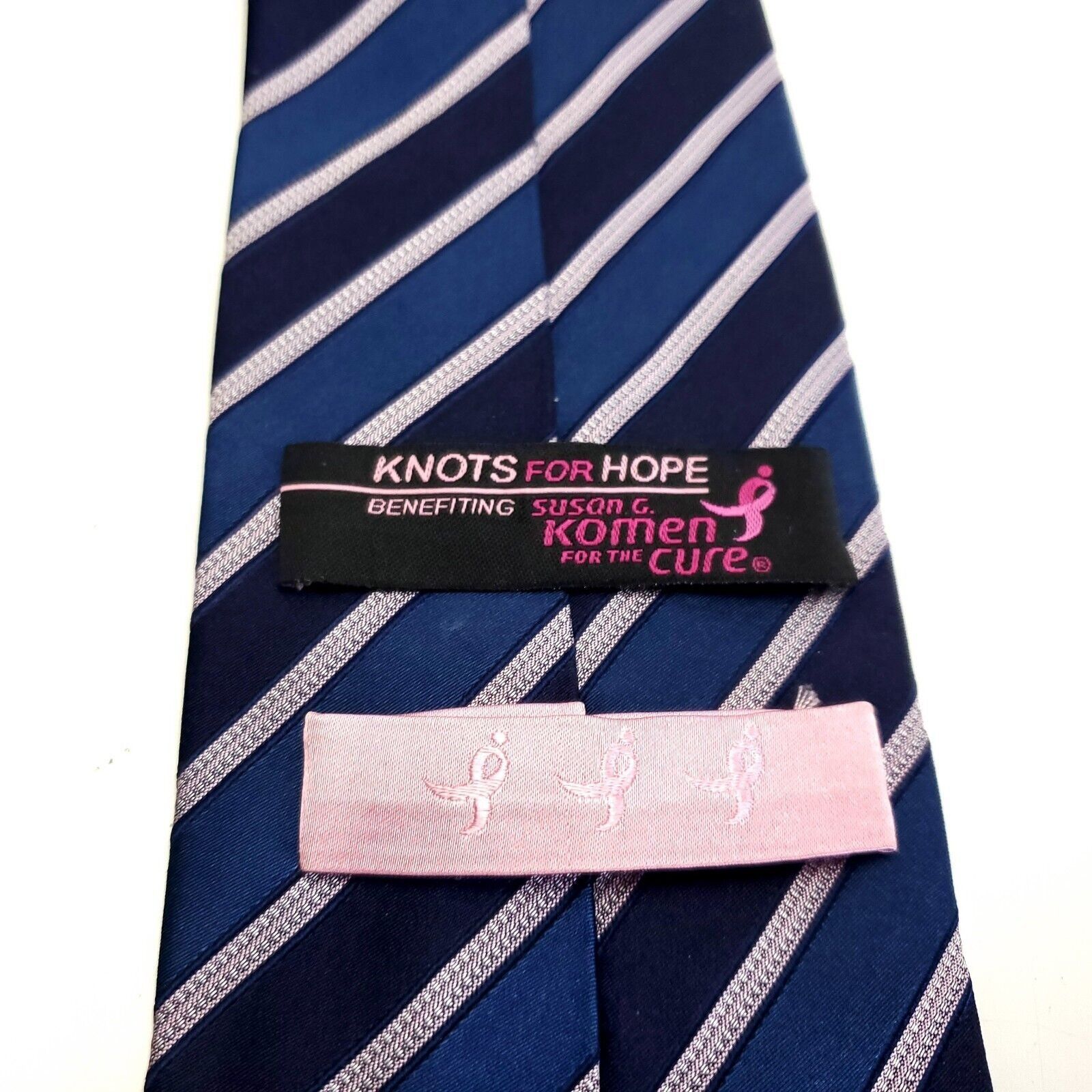 Vintage Knots For Hope Breast Cancer Blue Woven Striped Silk Tie Size ONE SIZE - 3 Thumbnail