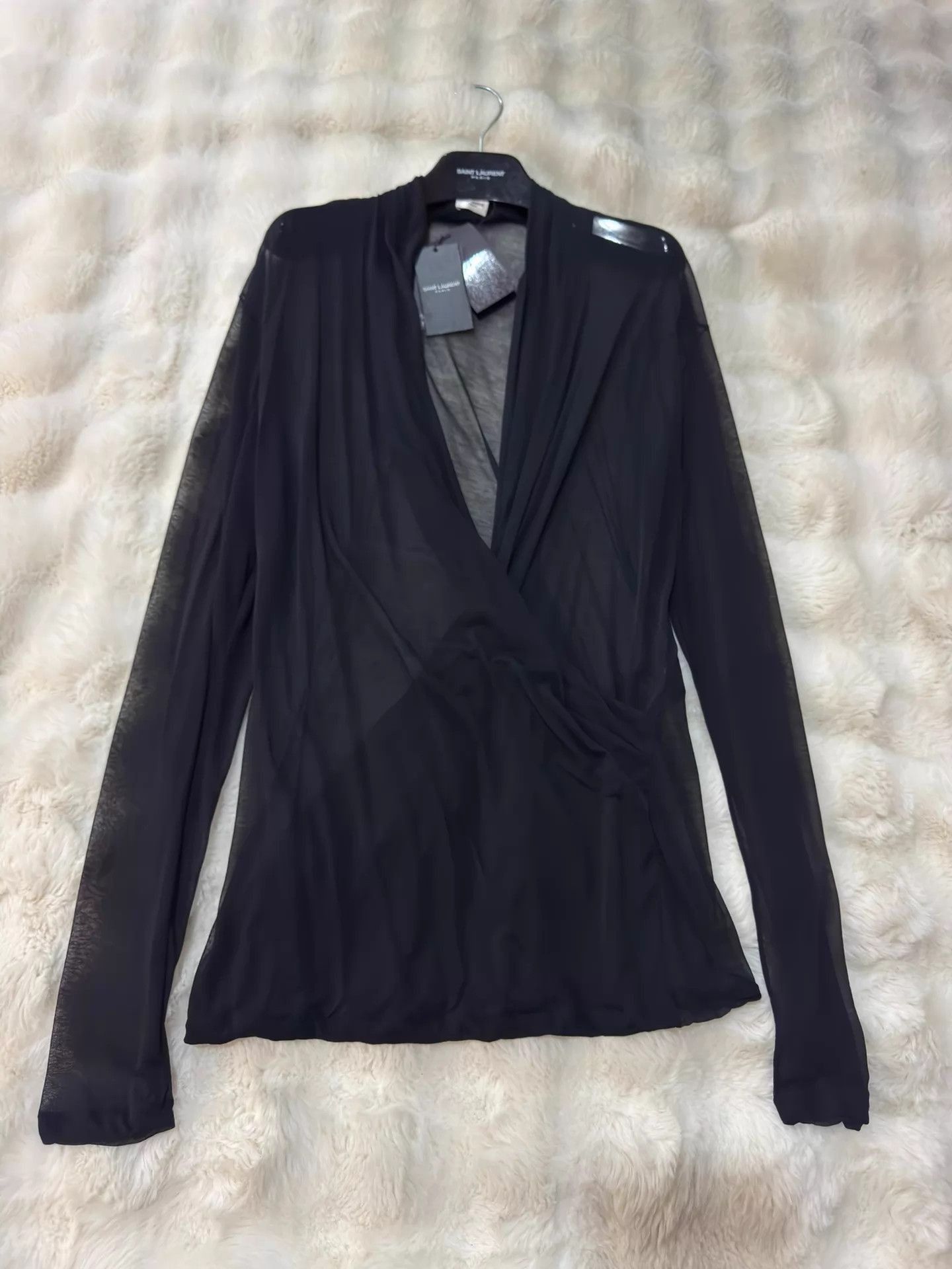Saint Laurent Paris Black Long Sleeve Wrap Front Sheer Top Size US L / EU 52-54 / 3 - 1 Thumbnail