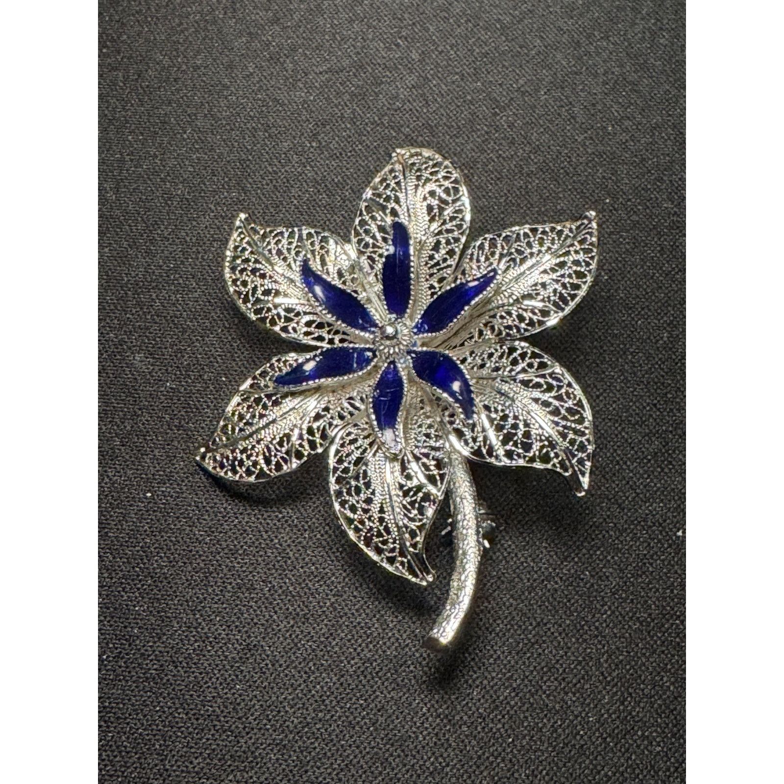 Other Sterling Van Lou Filigree Flower Brooch Blue Enamel Accents Size ONE SIZE - 1 Thumbnail