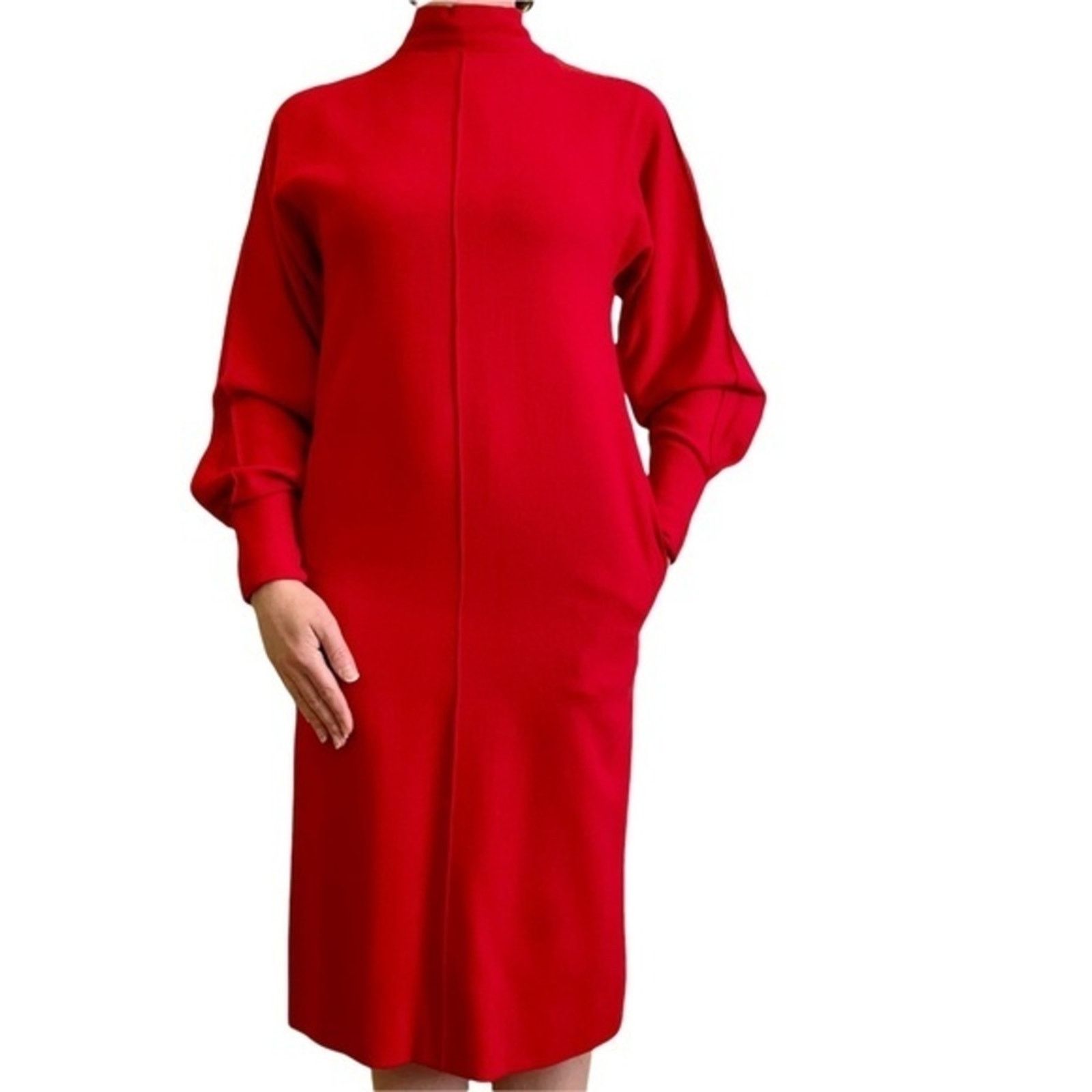 Vintage Pauline Trigère Couture Red High-Necked Dolman Sleeve Dress Size M / US 6-8 / IT 42-44 - 2 Thumbnail