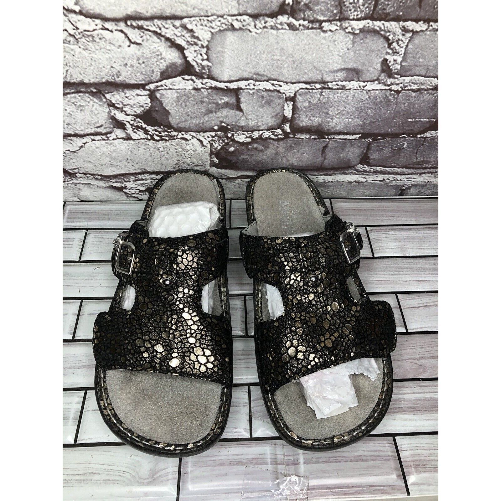 Allegri Alegria PEG 780 Black Silver Mosaic Leather Platform Slides Size US 10.5 / IT 40.5 - 16 Thumbnail