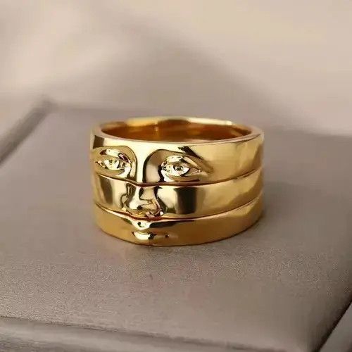Jewelry Gold Color Face Three Stack Finger Ring Size ONE SIZE - 4 Thumbnail